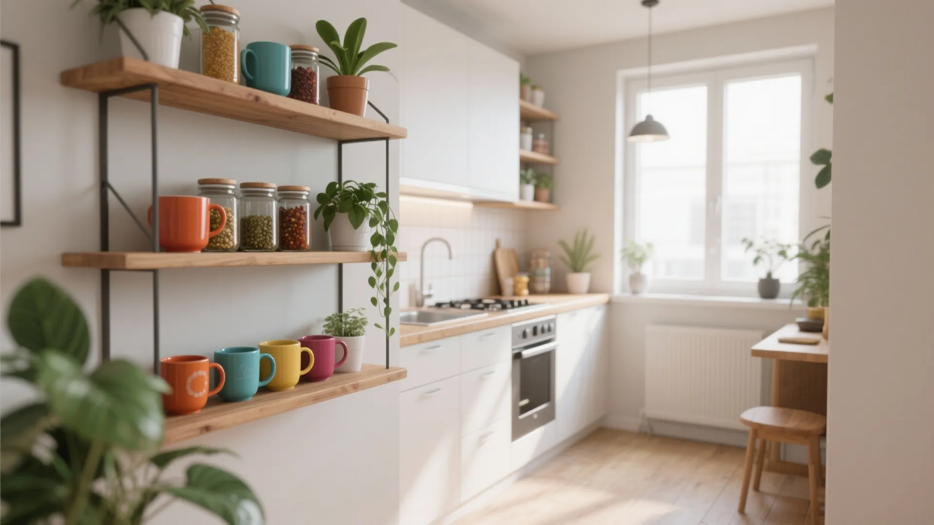 Small kitchen with open shelves displaying mugs and spices