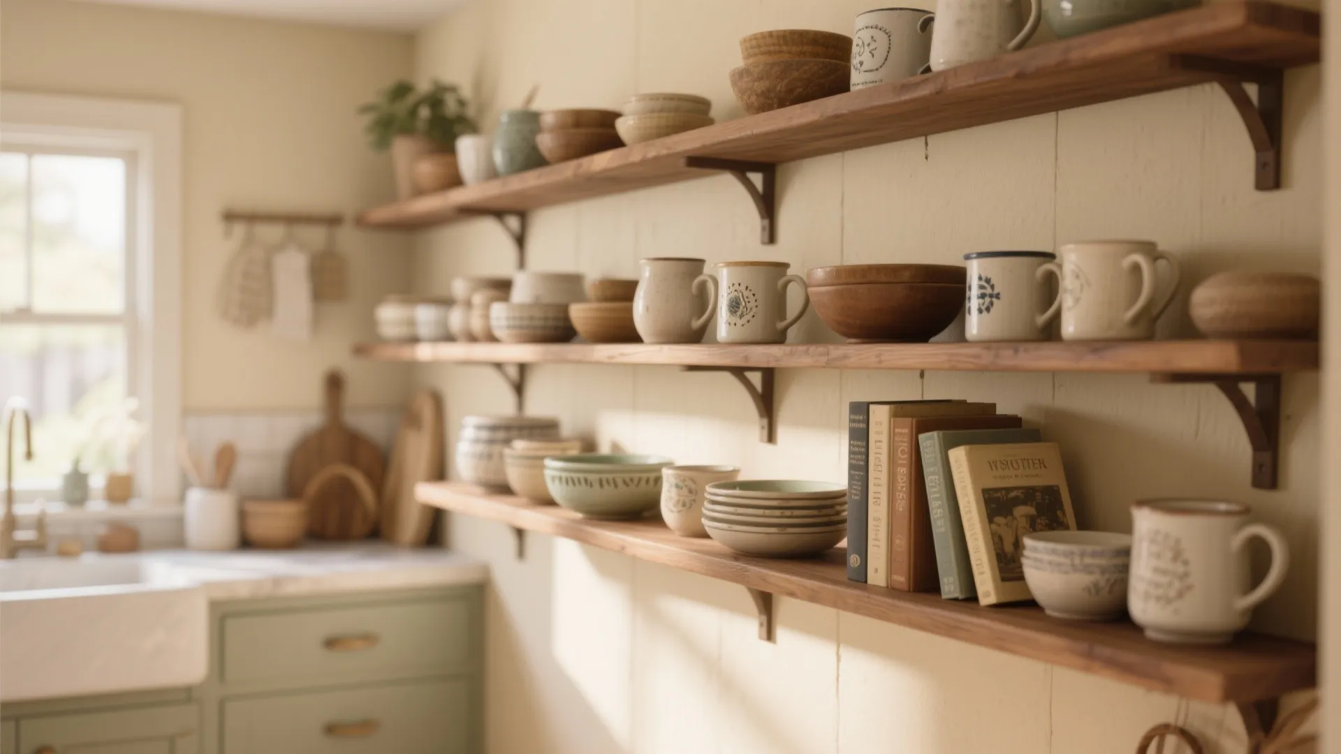 Rustic kitchen with wooden open shelves holding ceramic bowls, coffee mugs, and books on wall