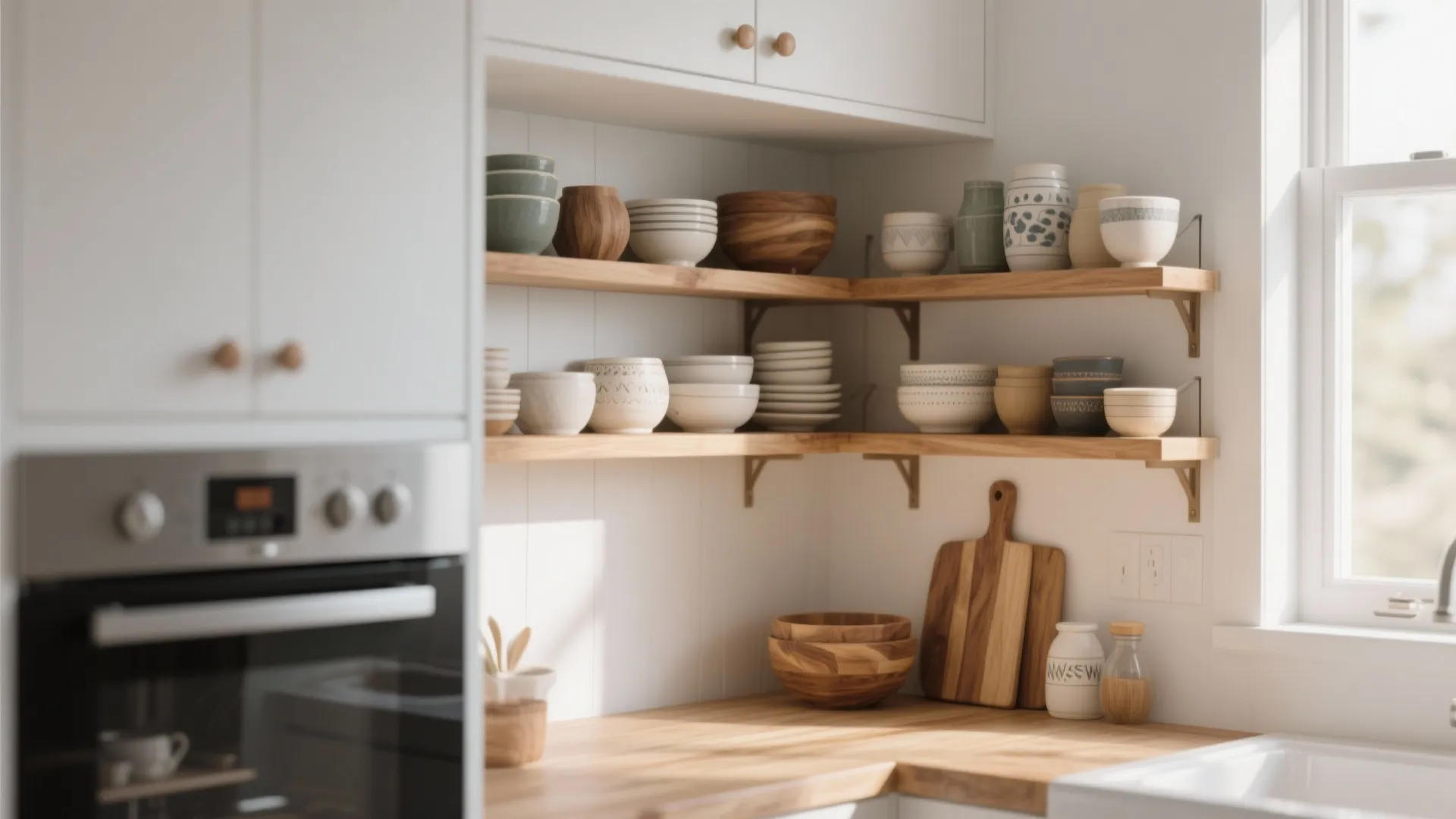 Open wooden wall shelves displaying ceramic bowls and plates in a bright modern white kitchen