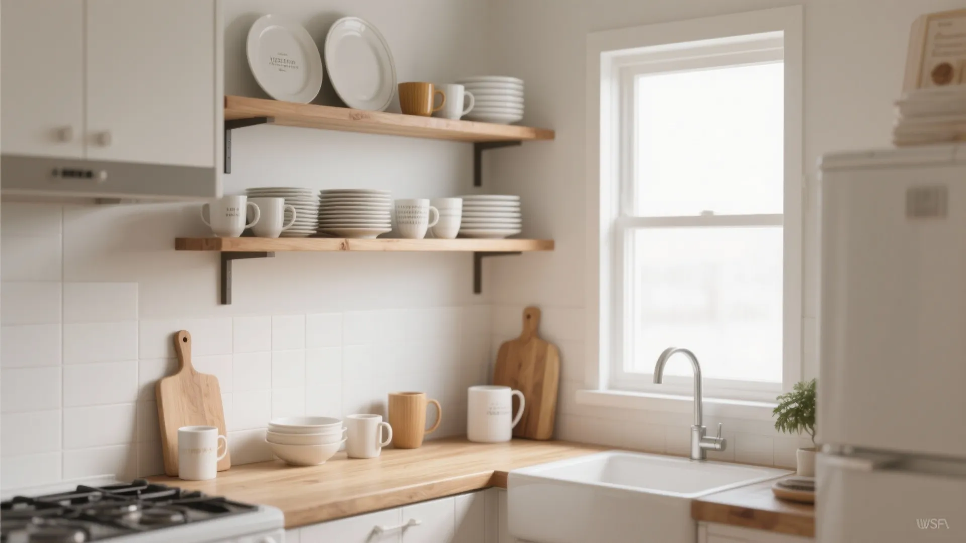 Kitchen with open shelving above countertops for easy access