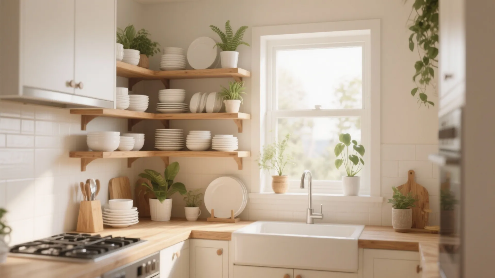 Bright kitchen corner with white sink, wooden countertops, open shelves holding white dishes and plants