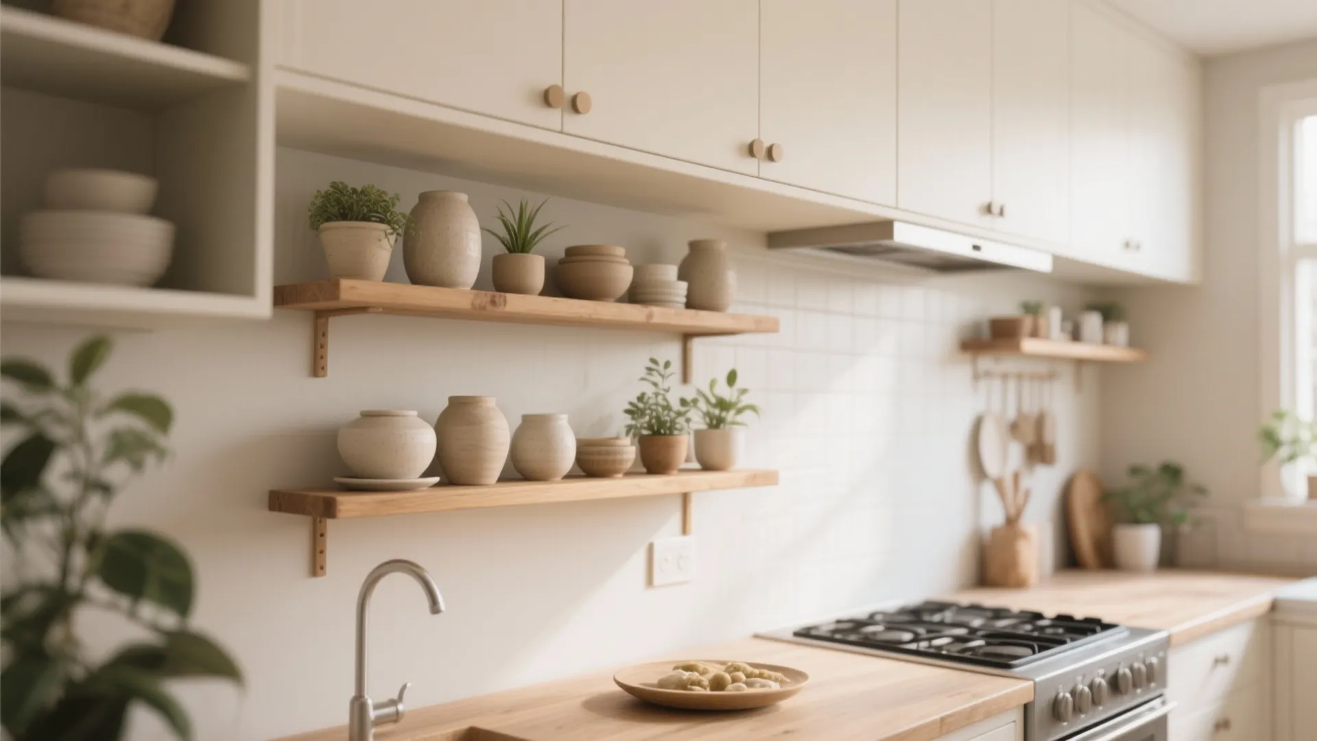 Neutral kitchen with wooden open shelves and plants