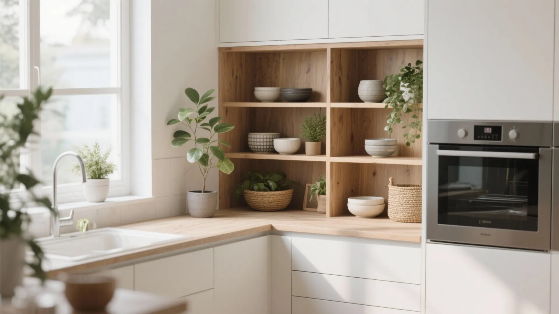 Modern white kitchen with wooden open shelves holding bowls plants and a built-in oven oven