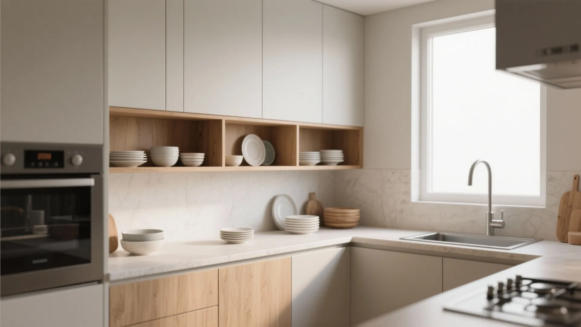 Minimalist kitchen corner with white cabinets and wooden open shelves holding various white bowls and plates
