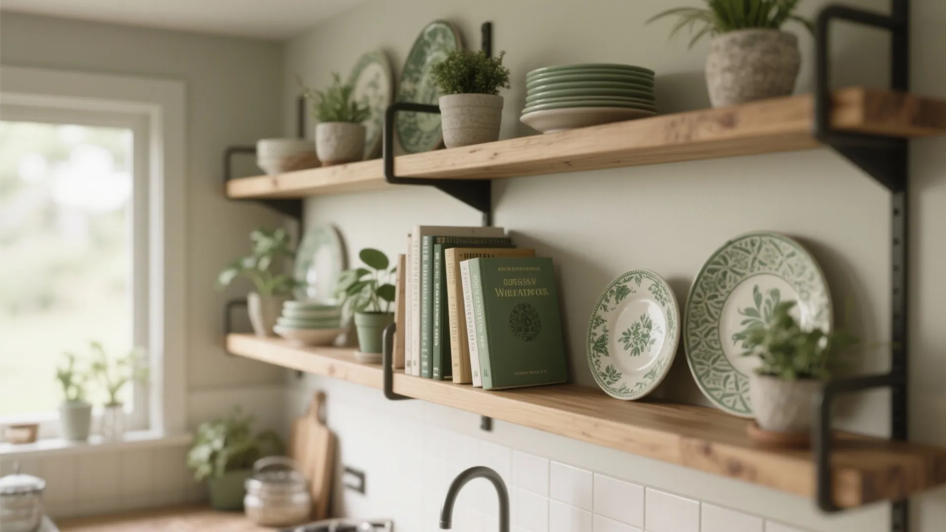 Open ceiling-height kitchen shelves with books, plants, and plates
