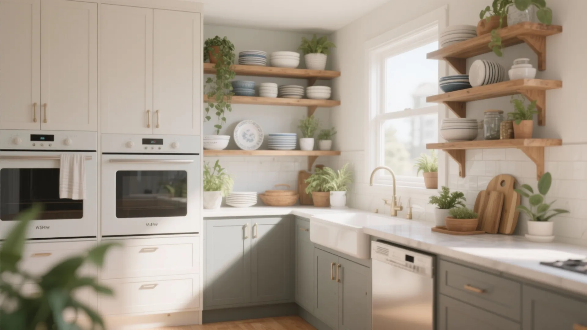 Modern kitchen with white cabinets light green lower units wooden open shelves and white marble countertop
