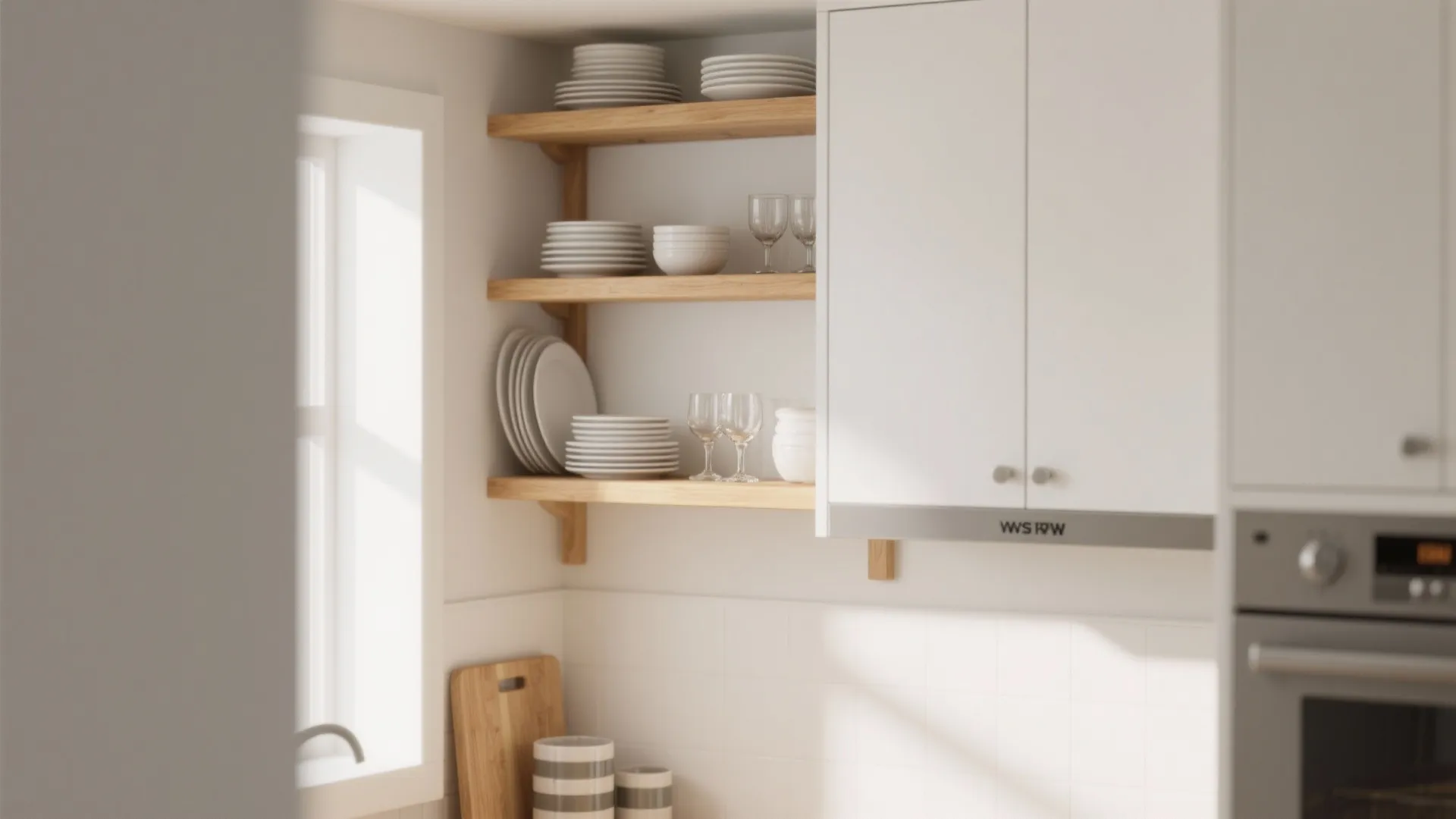 Open wood kitchen shelves holding white plates and glasses next to a modern white cabinet