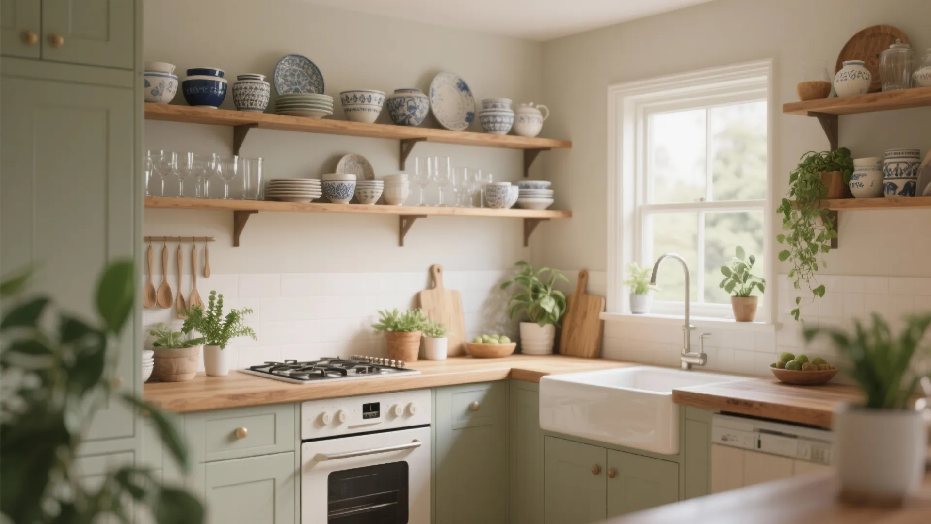 Sage green kitchen cabinets with wood countertops and open wooden shelves holding blue patterned ceramic dishes