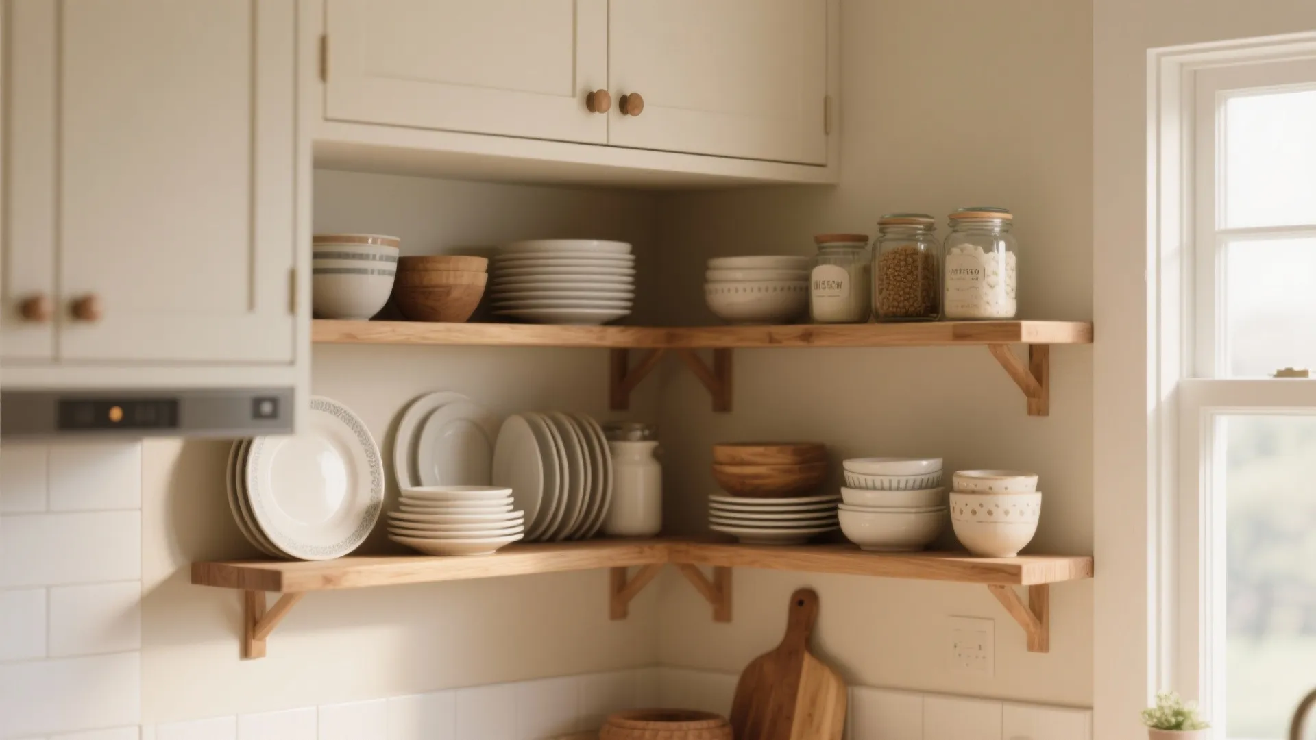 1. Open Shelving Over Closed Cabinets