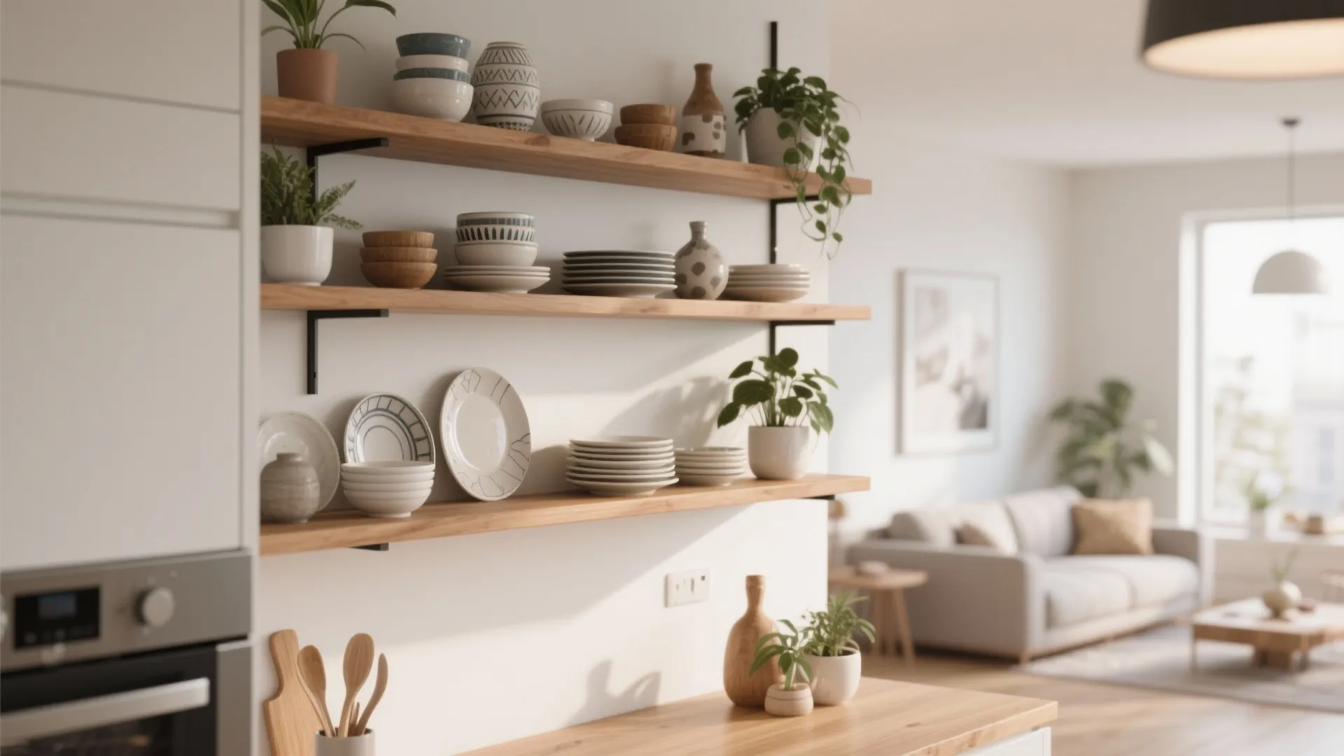 Open wooden kitchen shelves with neatly organized plates bowls and small plants on white wall