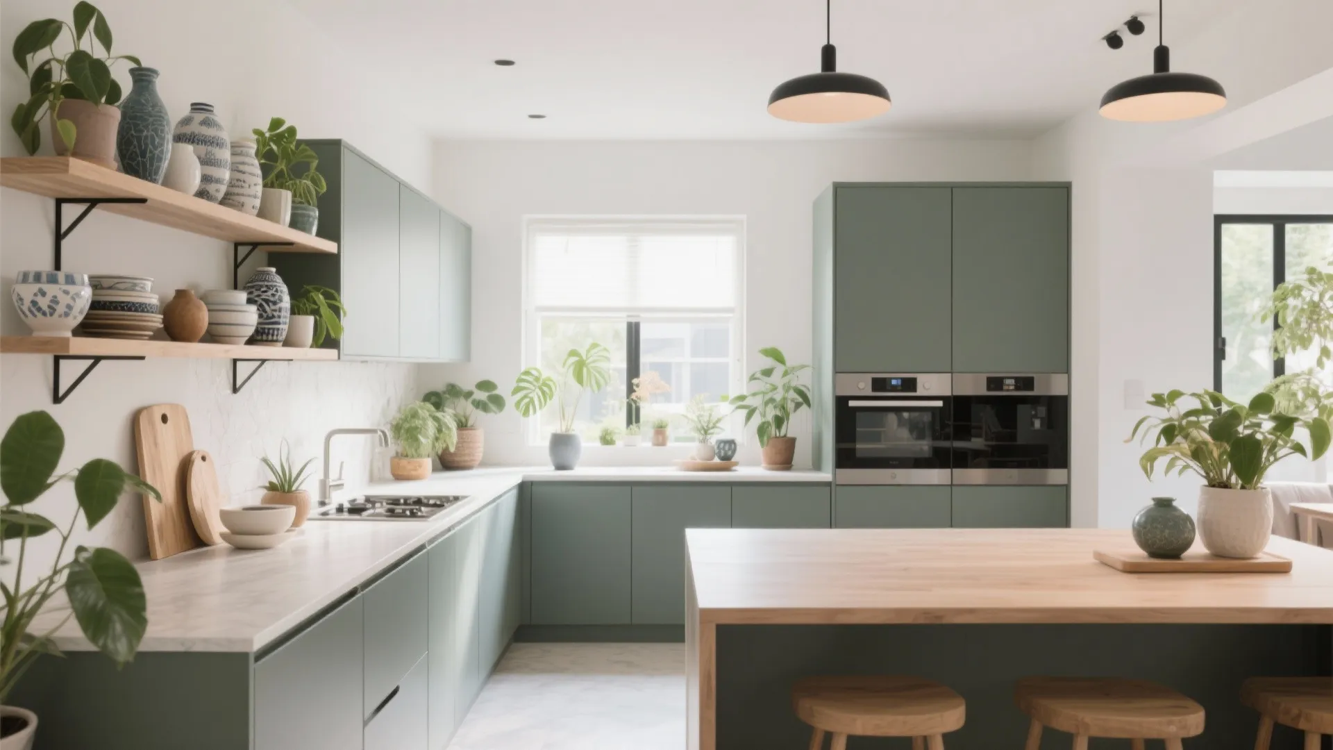 Green kitchen cabinets with open wooden shelving holding dishes and plants near a bright window