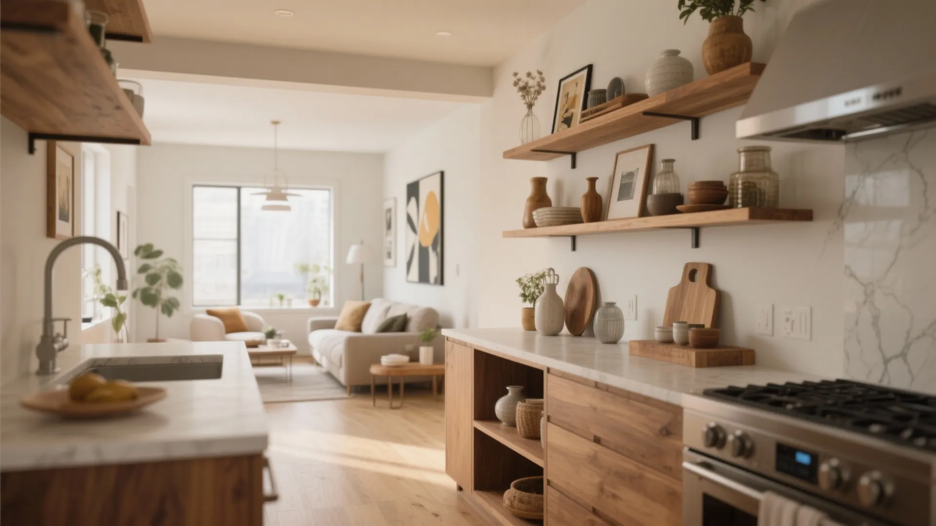Open kitchen shelving flowing into living room decor
