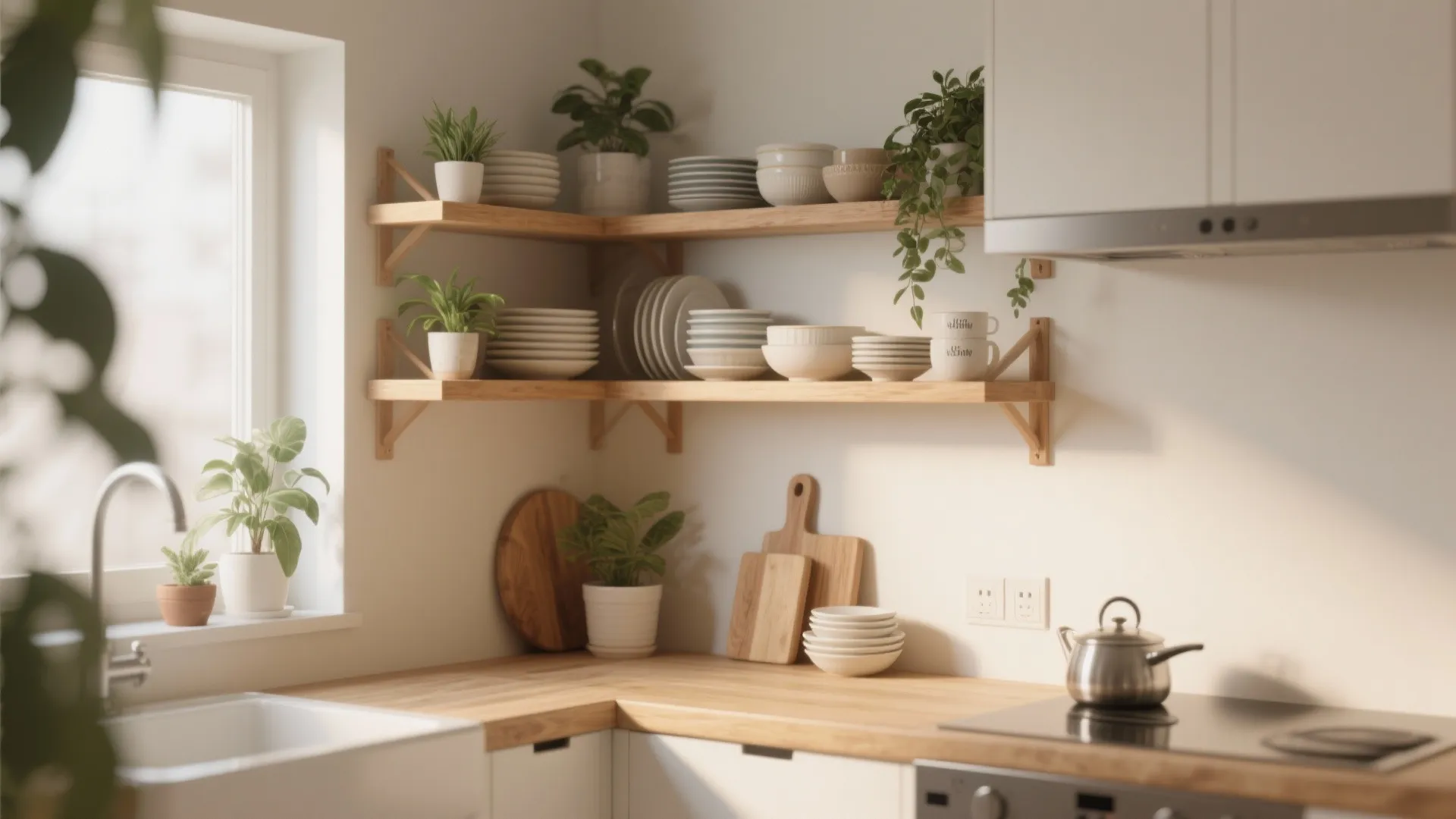 Kitchen open shelving with neatly arranged dishes and decor