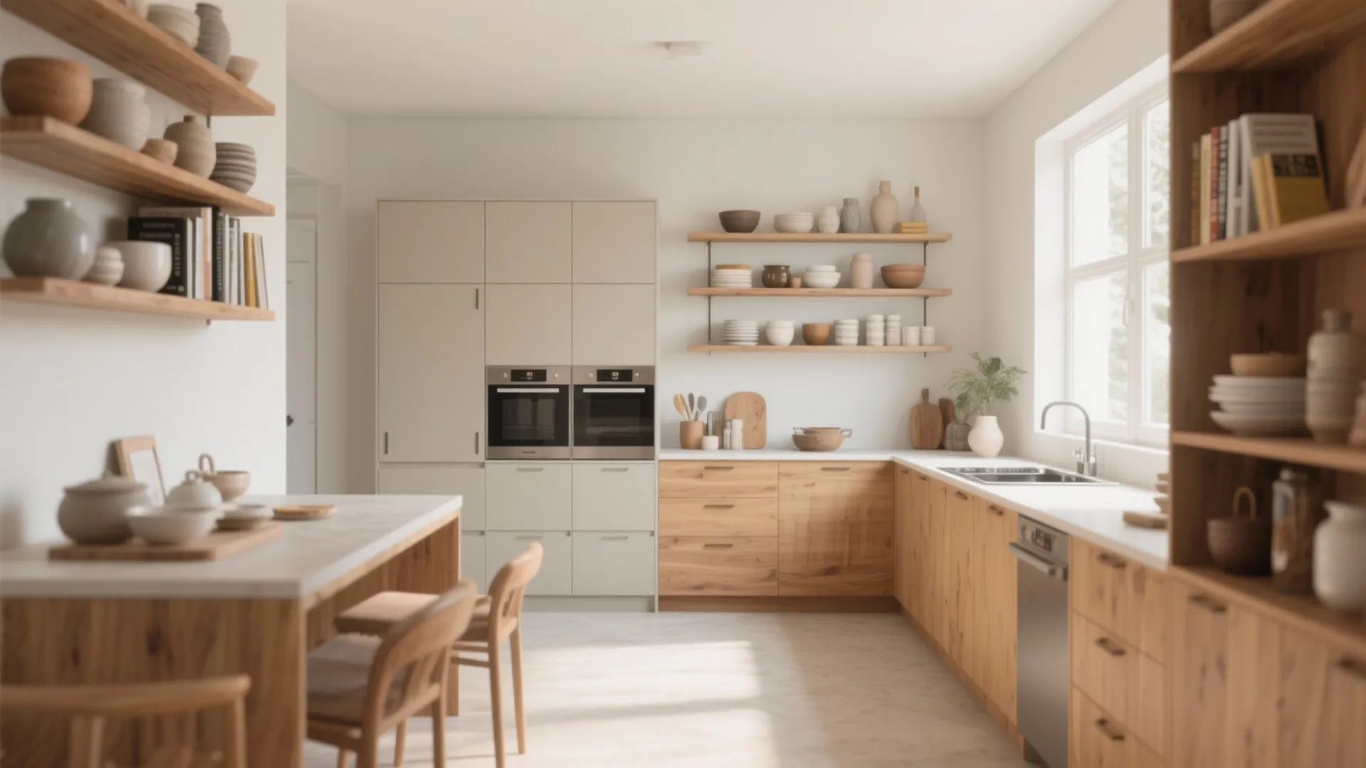 Modern bright kitchen with wooden open shelves white cabinets built in ovens and kitchen island