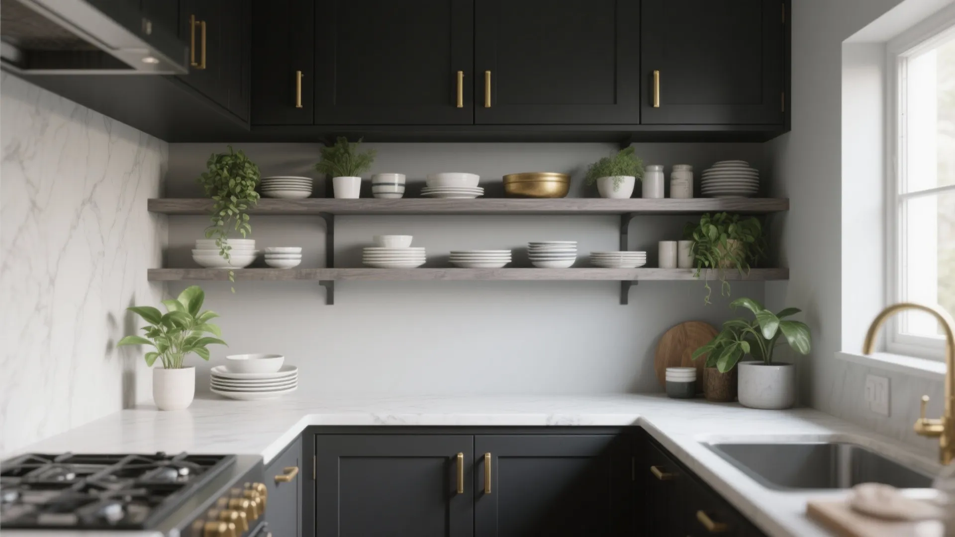 4. Open shelving: mix black cabinets with grey wood tones