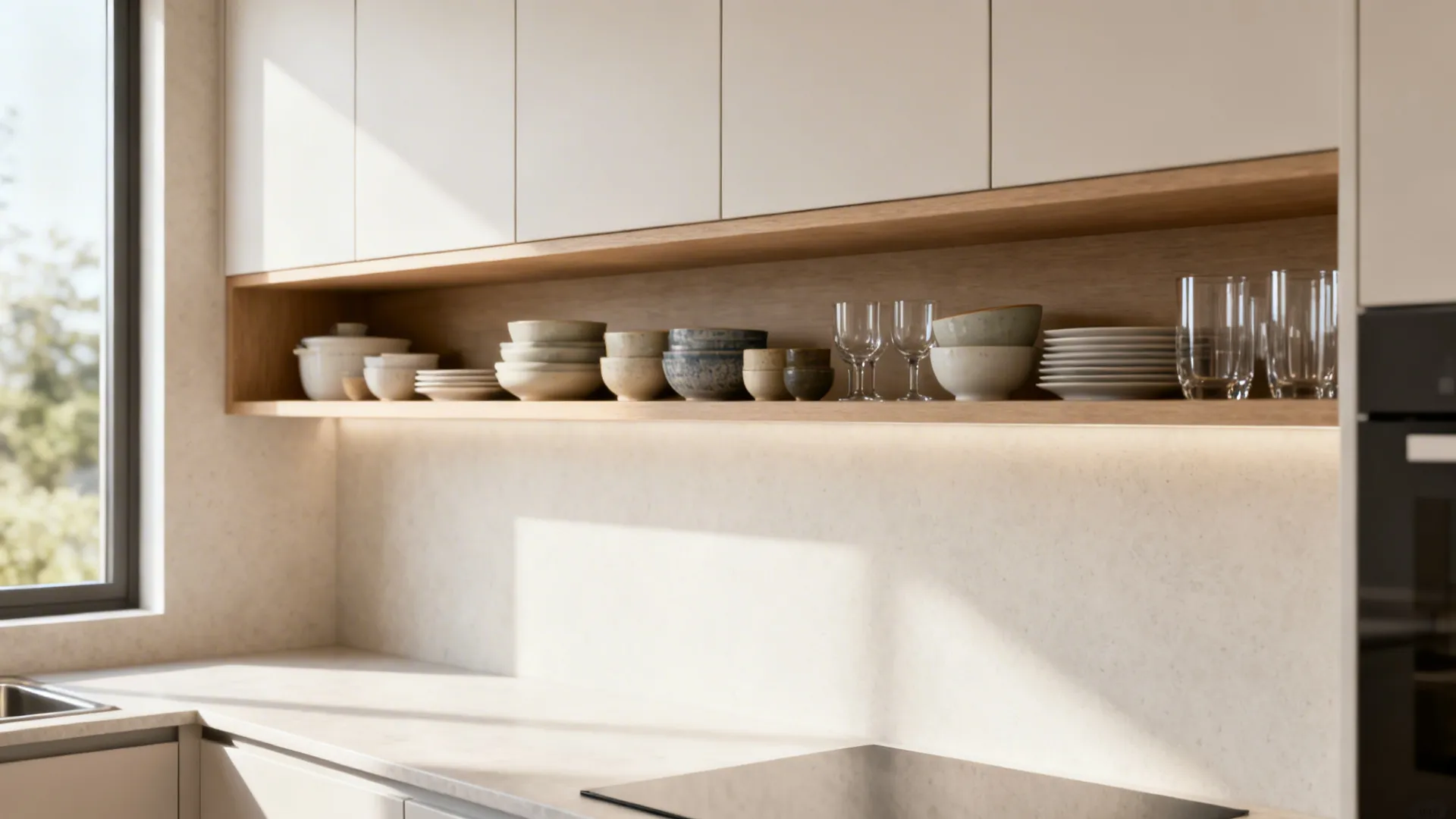 Small kitchen wall with a floating open shelf showcasing curated dishware and tidy styling