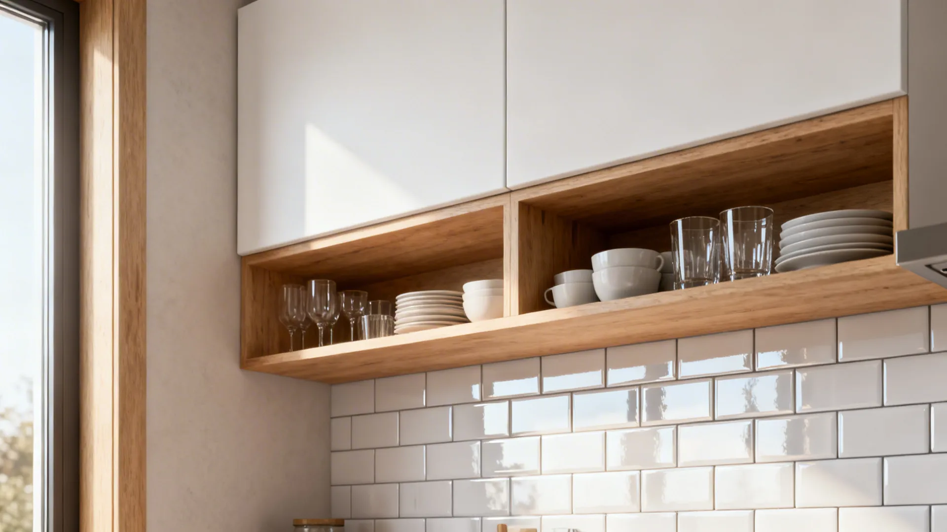 Kitchen wall with mixed open shelving and a couple of closed cabinets creating an airy look.
