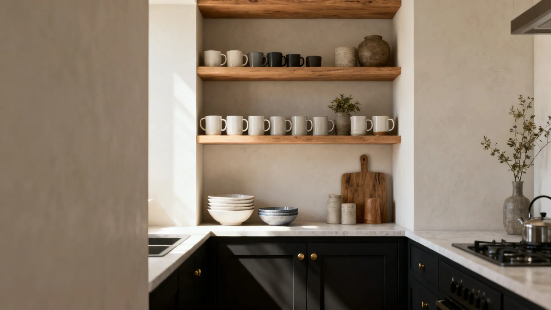 Small kitchen corner with selective open shelving styled with mugs and bowls, creating an airy feel.