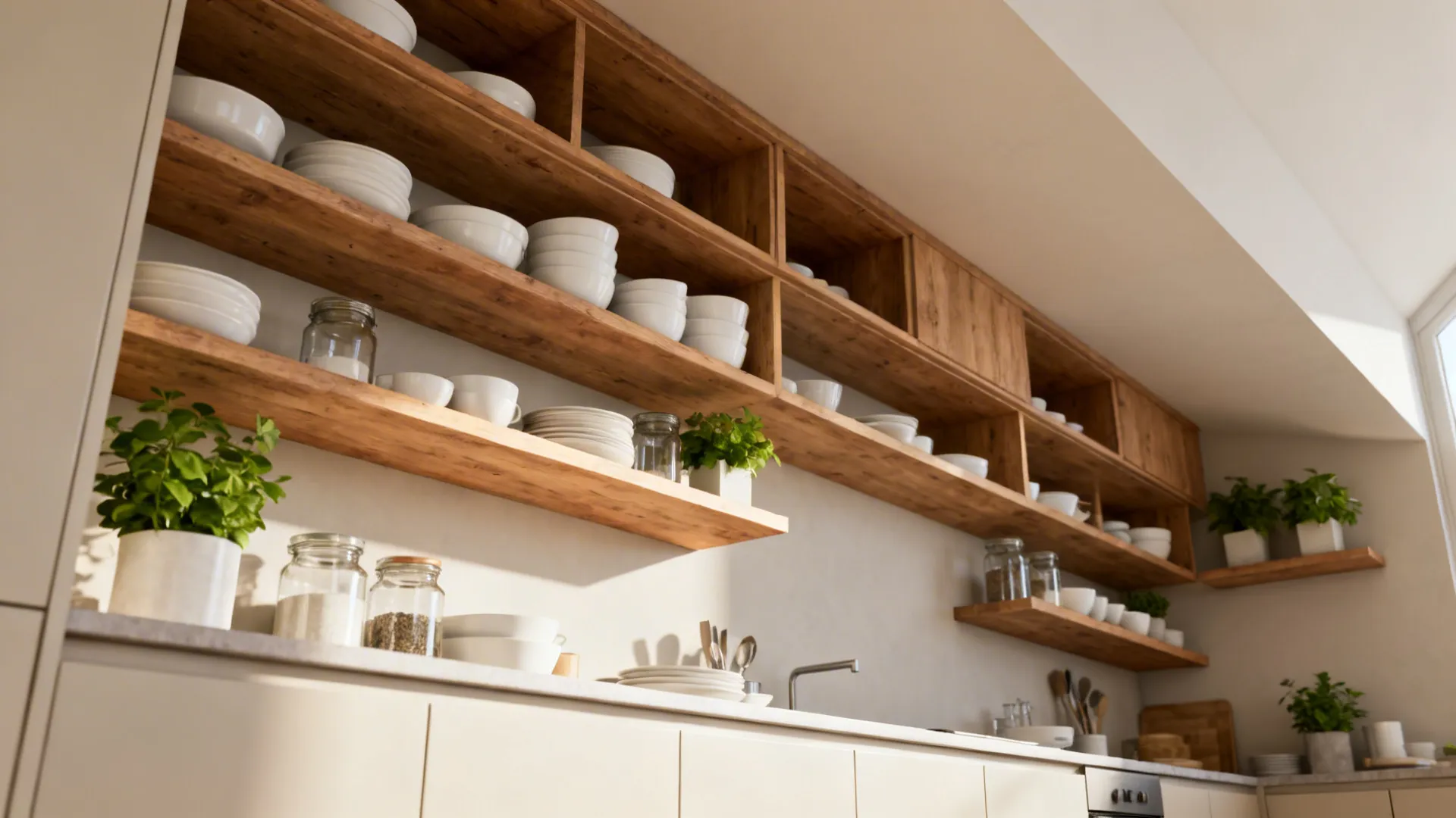 Kitchen with wooden open shelves styled with dishes and plants to create visual lightness