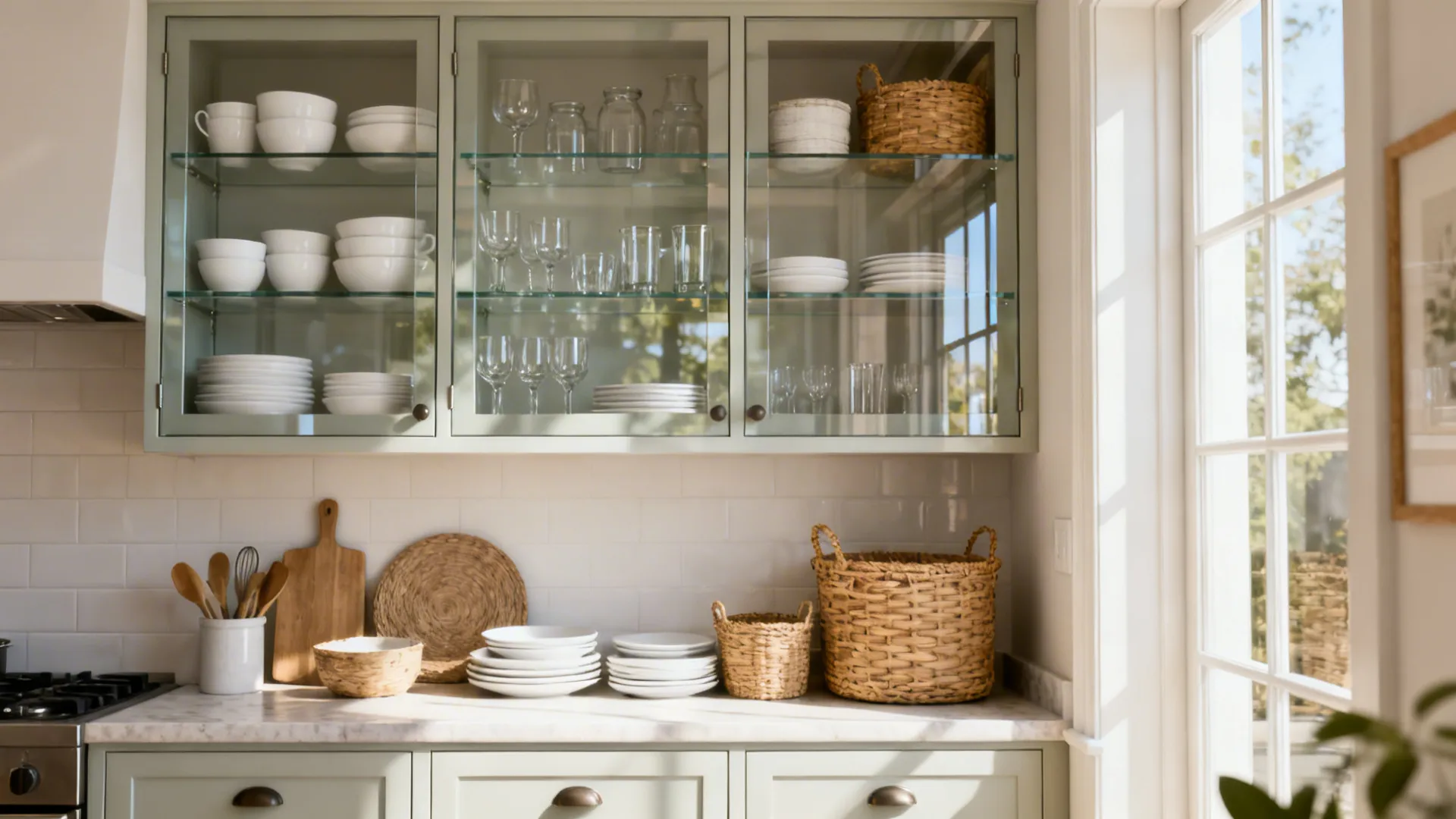 Light green kitchen cabinets with glass doors showing white dishes and glasses on marble countertop