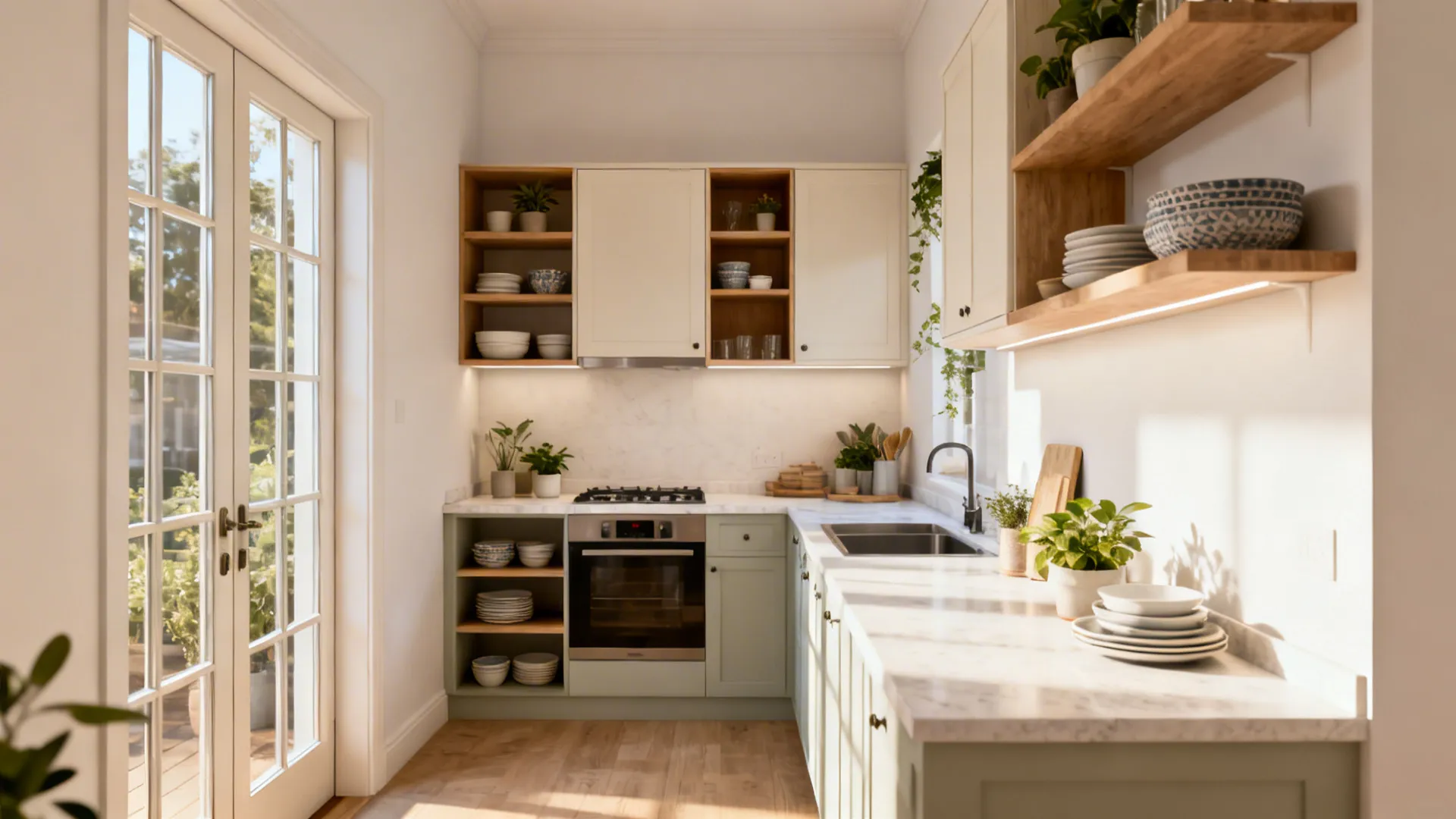 Compact kitchen with open shelving replacing upper cabinet doors to widen sightlines.