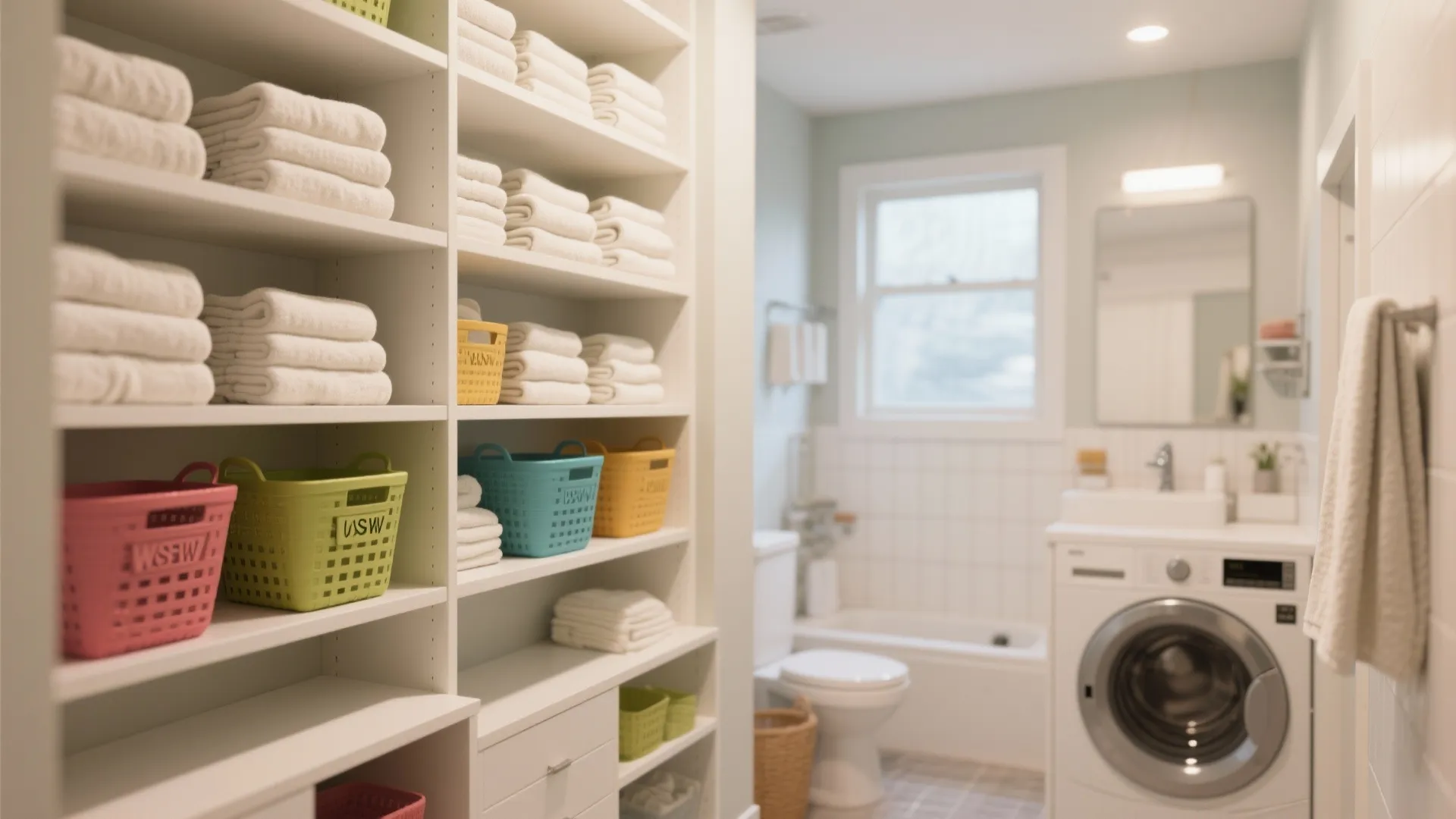Laundry room storage with white open shelves folded towels colorful baskets washing machine and white bathtub