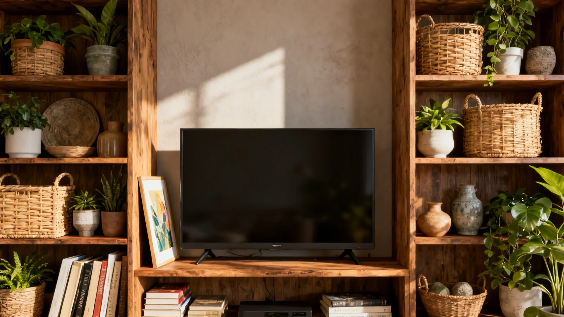 Open shelving flanking a TV with baskets, plants, art, and books in a layered arrangement
