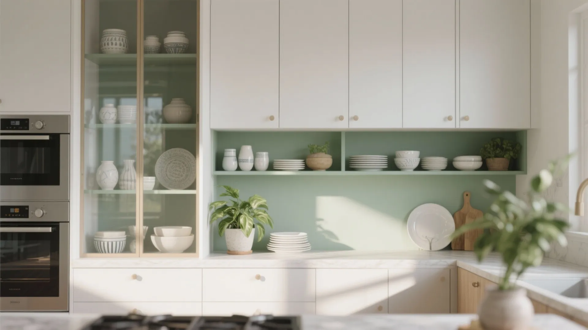 4. Open Shelving and Glass Doors for Lightness