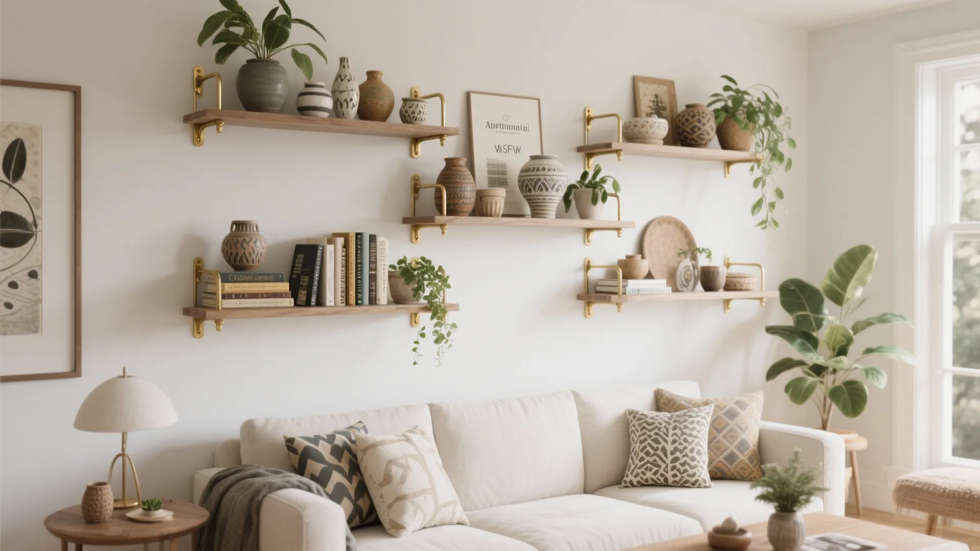 Floating shelves styled with books, plants, and ceramics