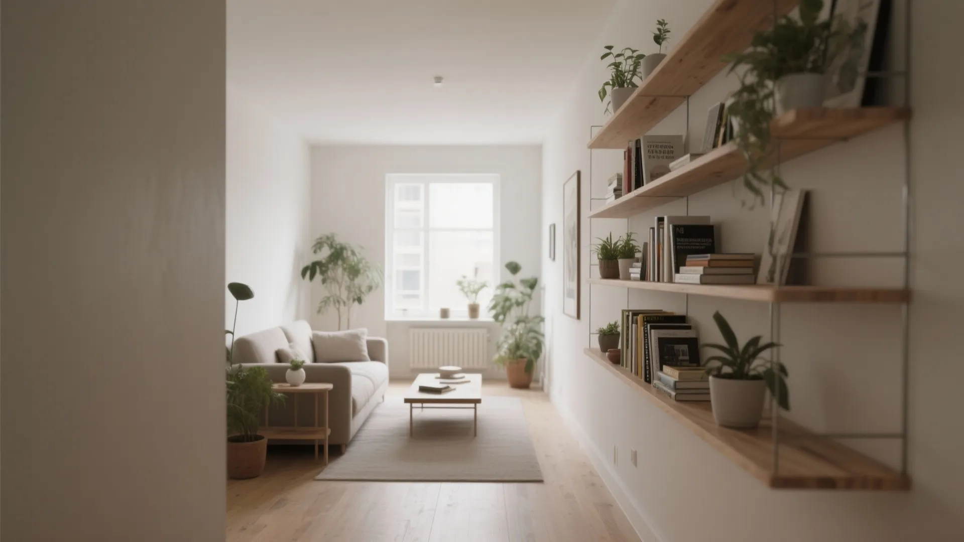Modern living room featuring wall mounted wooden shelves with books plants sofa and coffee table