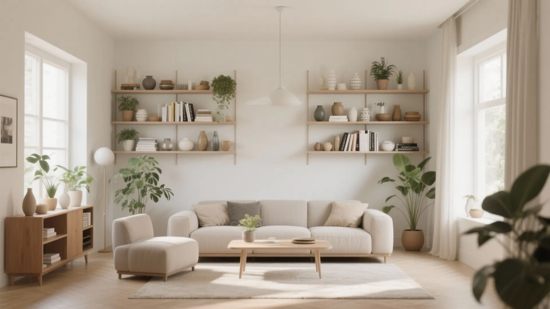 Open shelving in living room