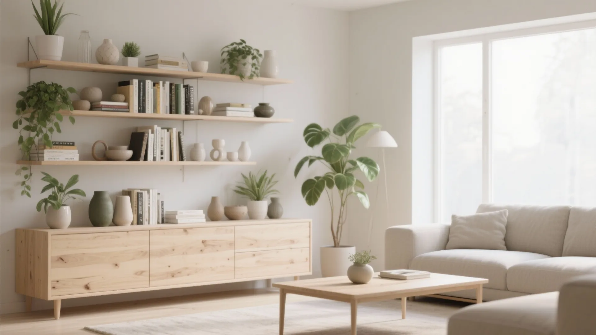 Minimalist open shelving with books and plants in a bright living room