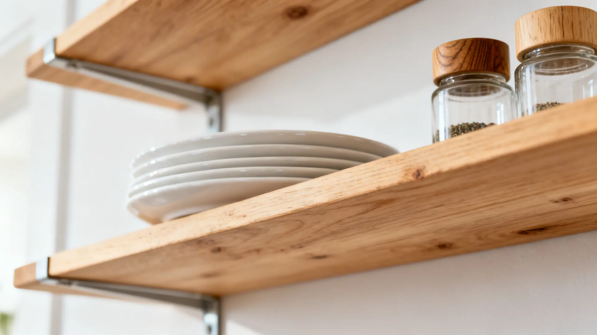 Wooden open shelving unit with white ceramic plates and glass spice jars with wooden lids