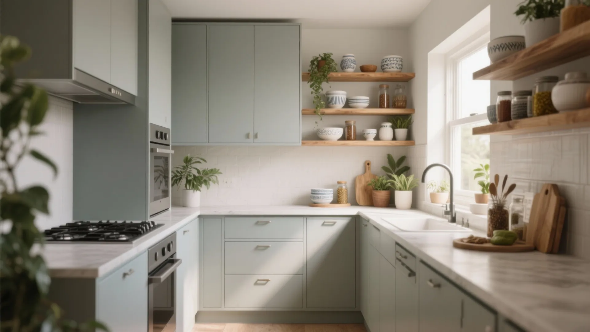 Modern kitchen with light green cabinets marble countertops wooden open shelves and bright natural window light