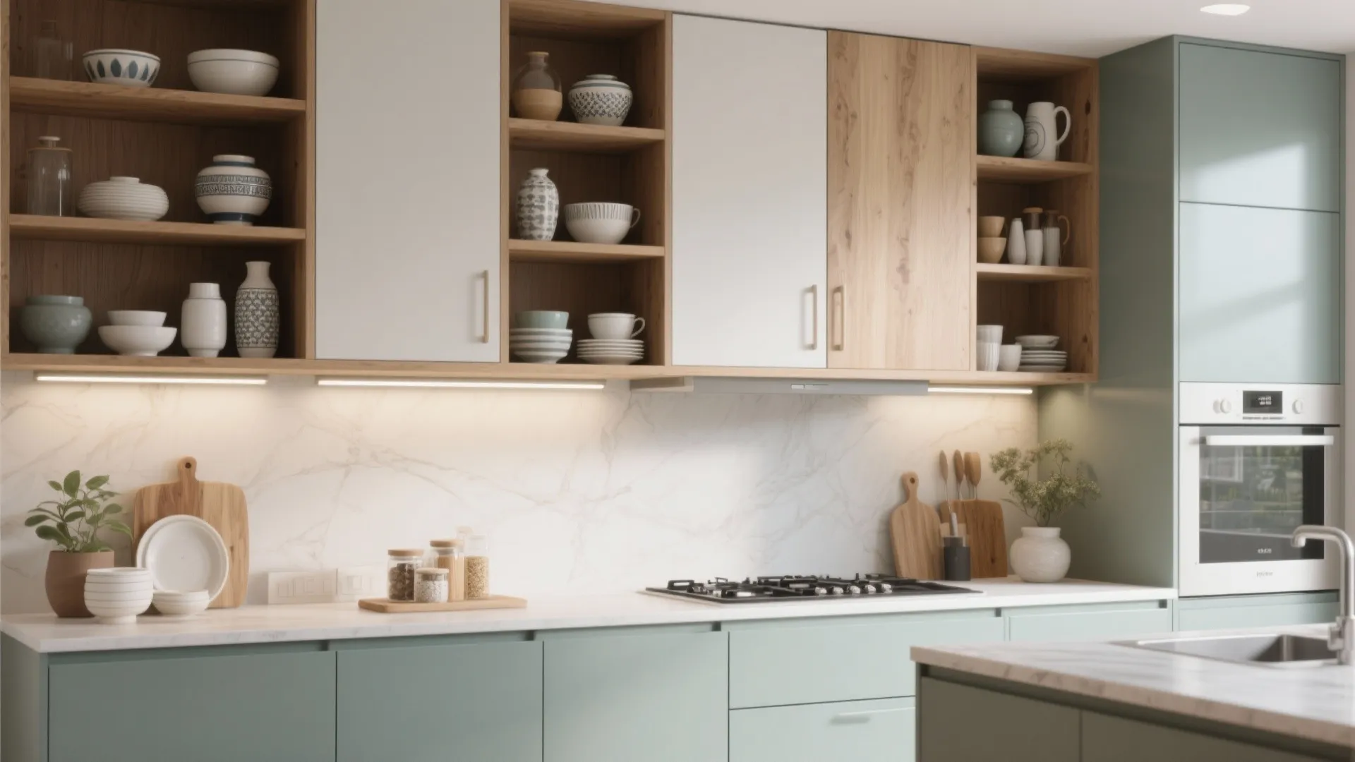 Modern kitchen with green cabinets wooden open shelves white marble backsplash and clean white stone countertop