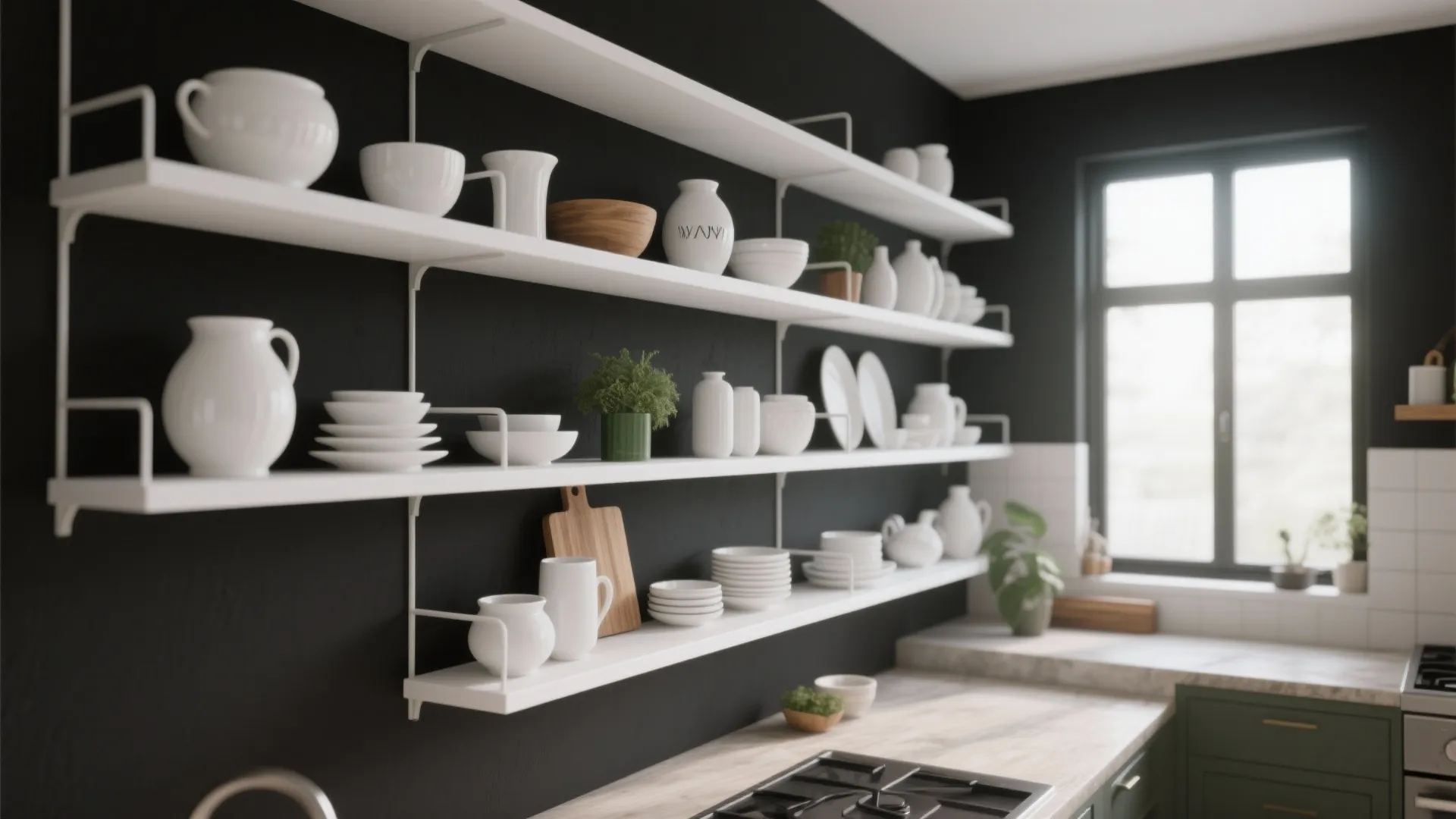 Kitchen with black wall featuring white open shelves displaying various ceramic plates bowls and jars