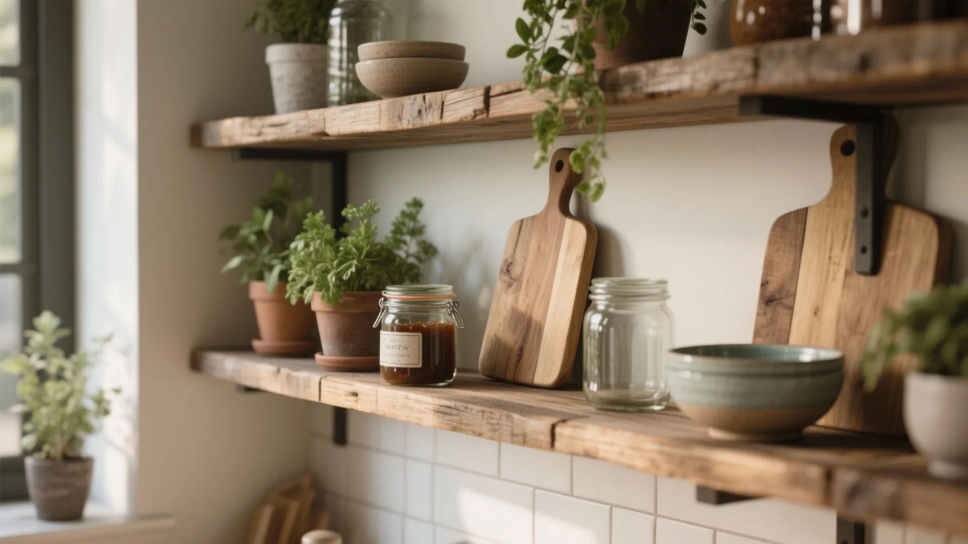 Reclaimed wood open shelving displaying potted herbs, glass jam jars and wooden boards in a compact kitchen.