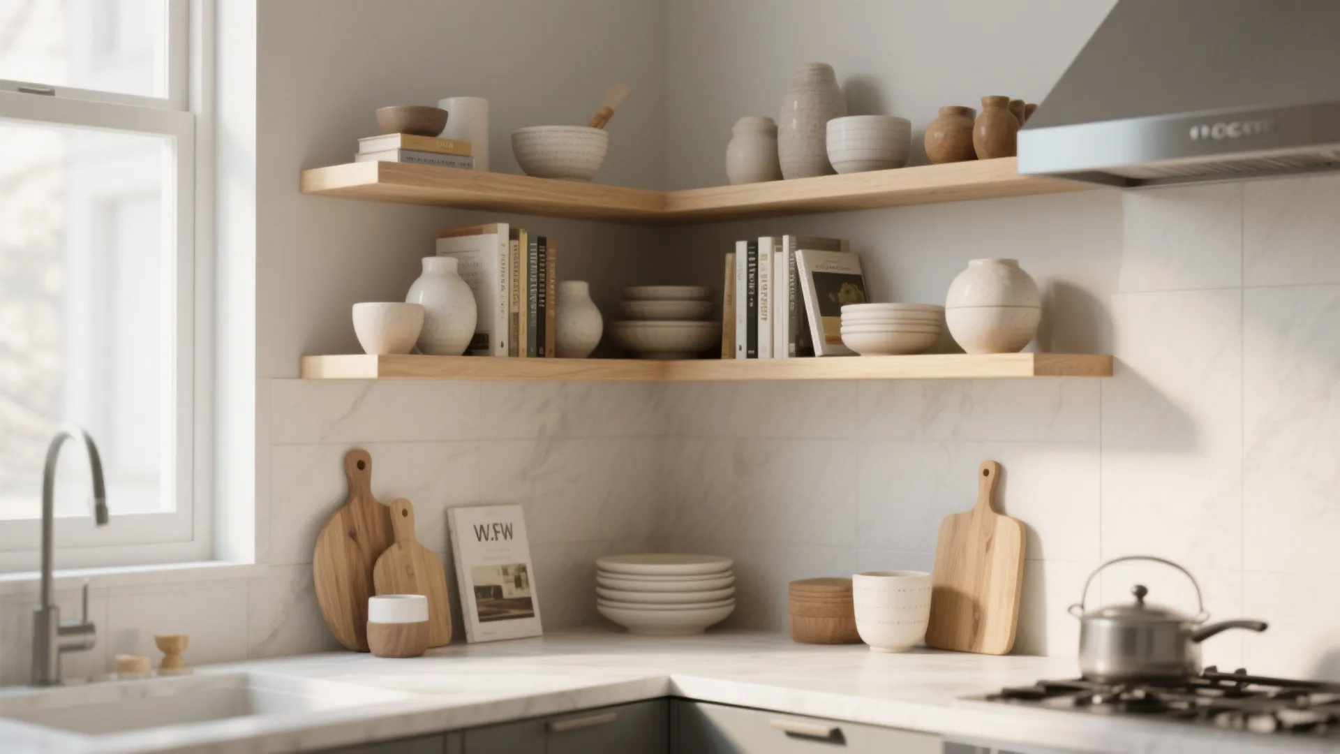 4. Open shelving + floating corner niche