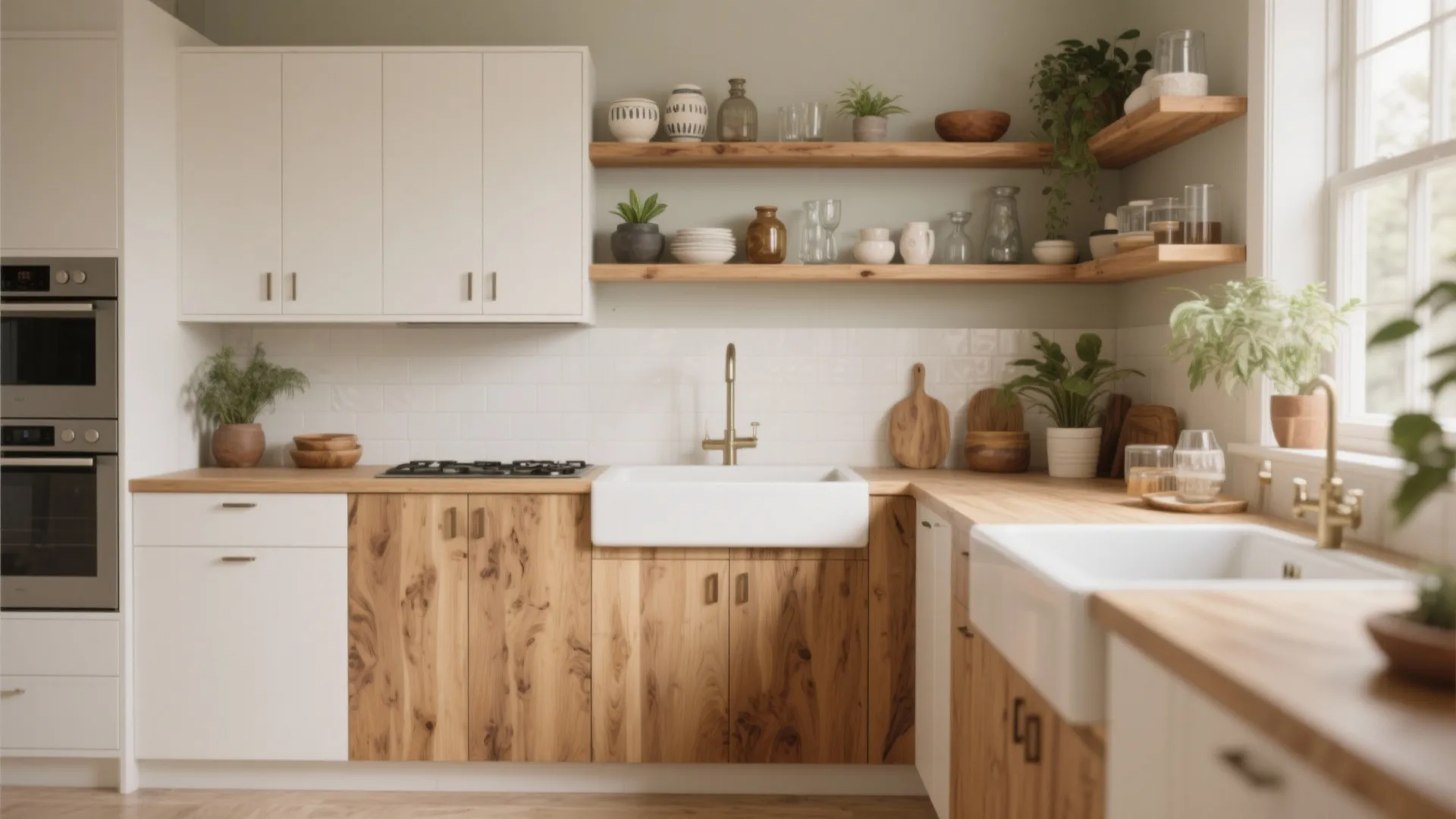 4. Open shelving + oak cabinets