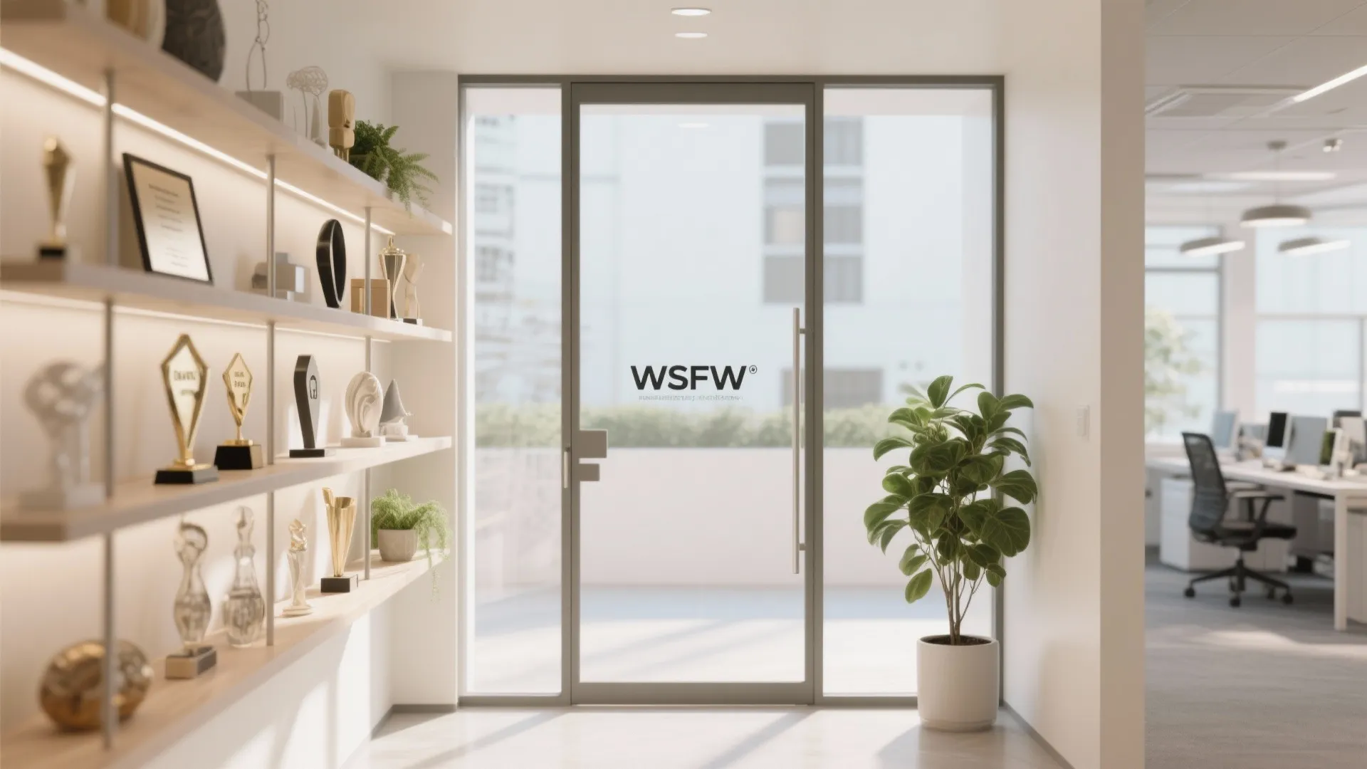 Office entry with open shelving display for decor and awards