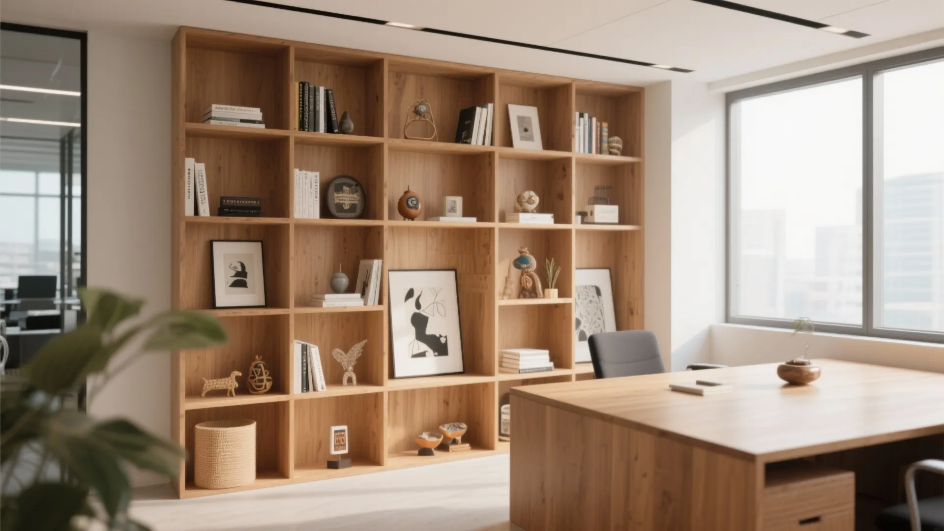 Office with open shelves displaying books and art