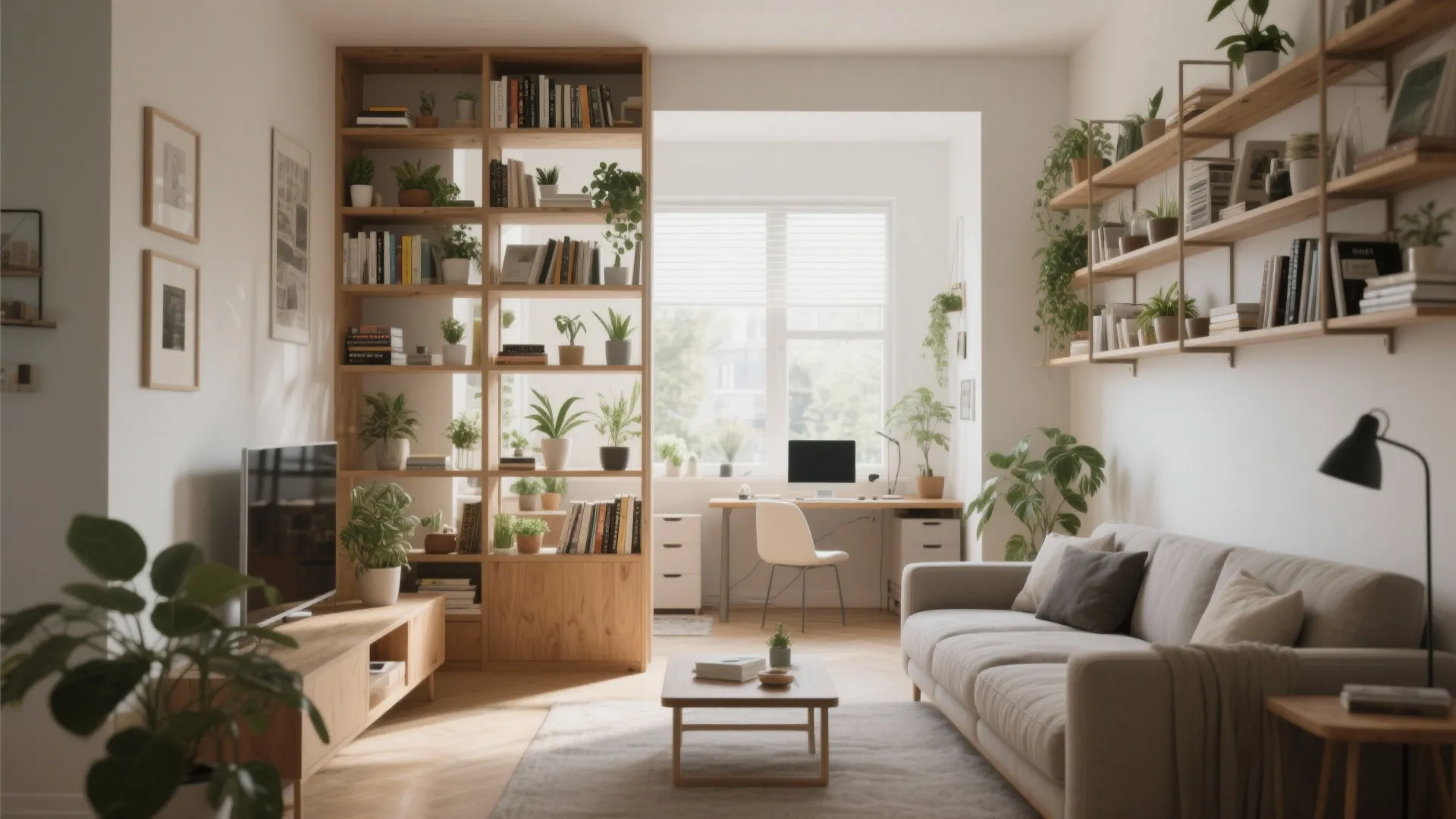 Bright living room with large wooden open bookshelves and a desk near the big window