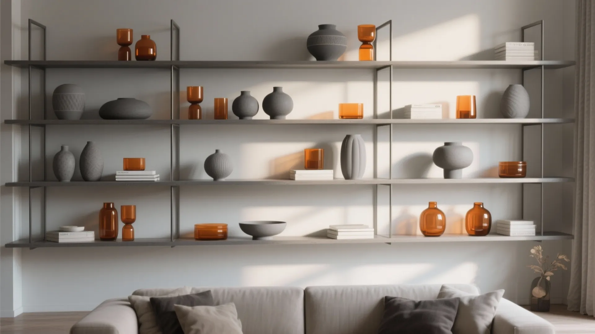 Open Shelving with Burnt Orange and Grey Decor