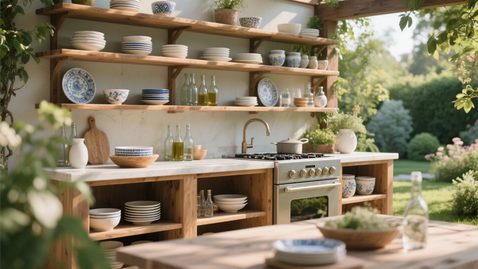 Outdoor kitchen with open shelves showcasing ceramics and bottles