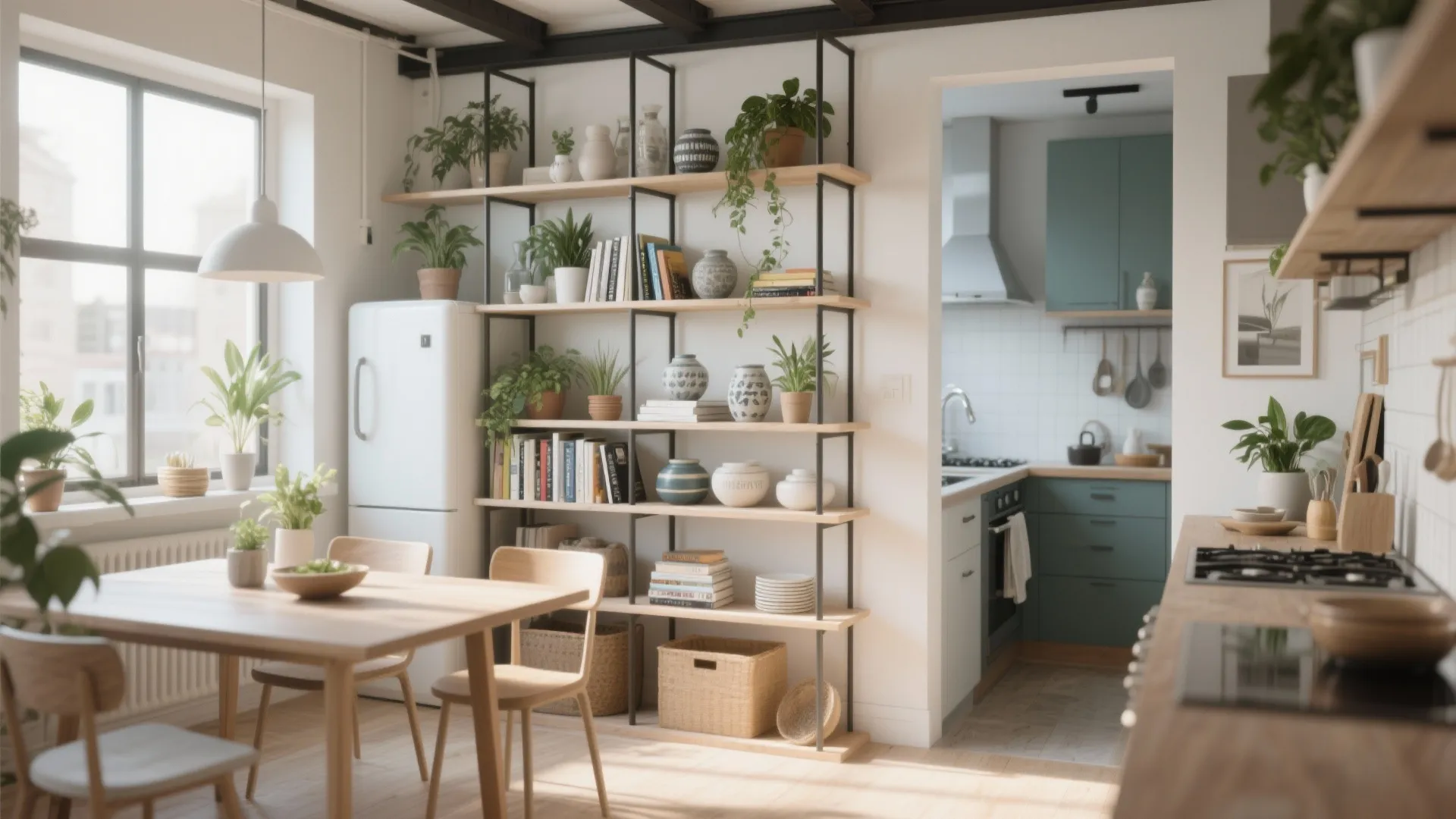 Bright dining area with wooden table next to tall open shelves used as a room divider