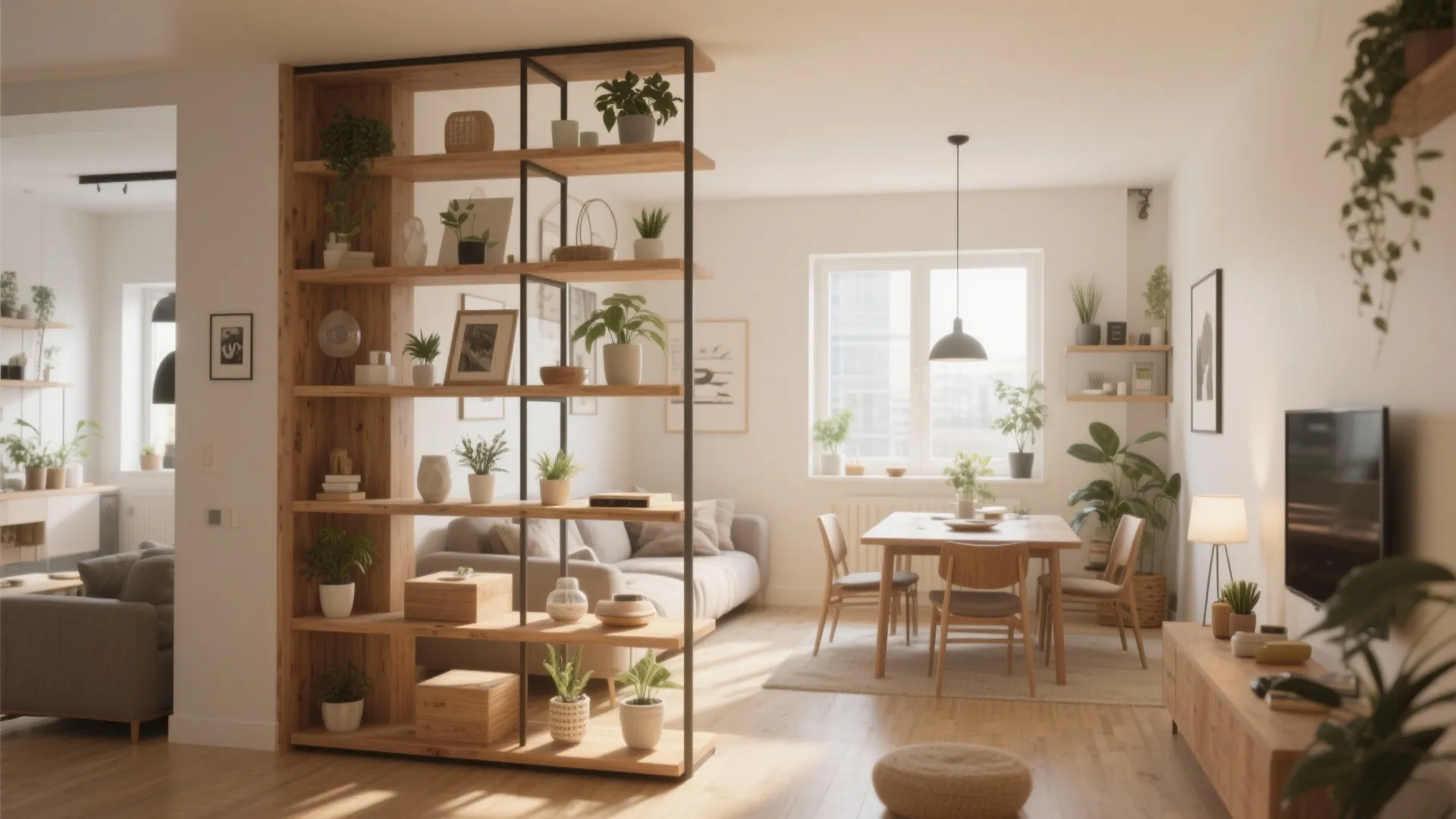 Wooden open shelving unit acting as a divider between the dining area and living room