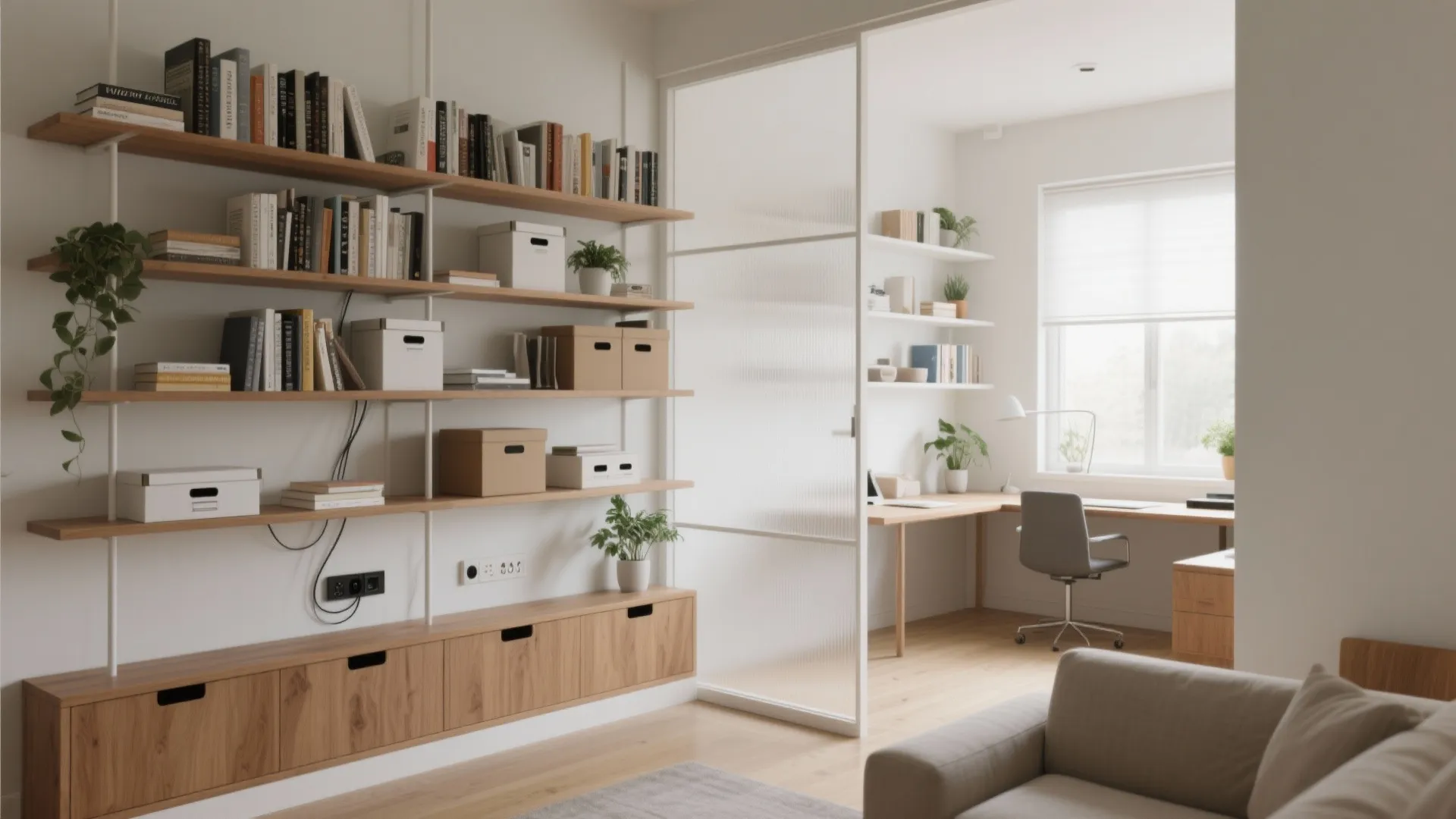 Home office with wooden wall shelves and a glass door partition next to a desk