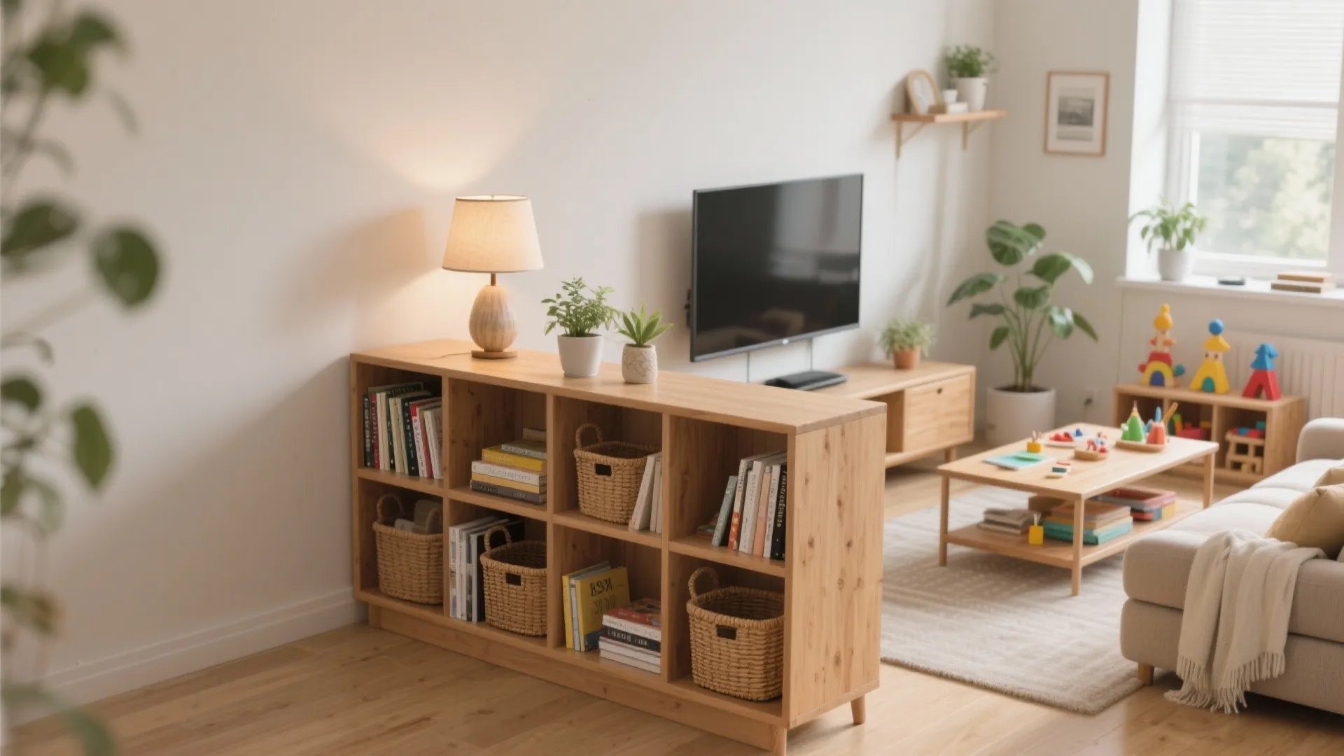 Waist-height open shelving divides a small hall into lounge and craft zones.