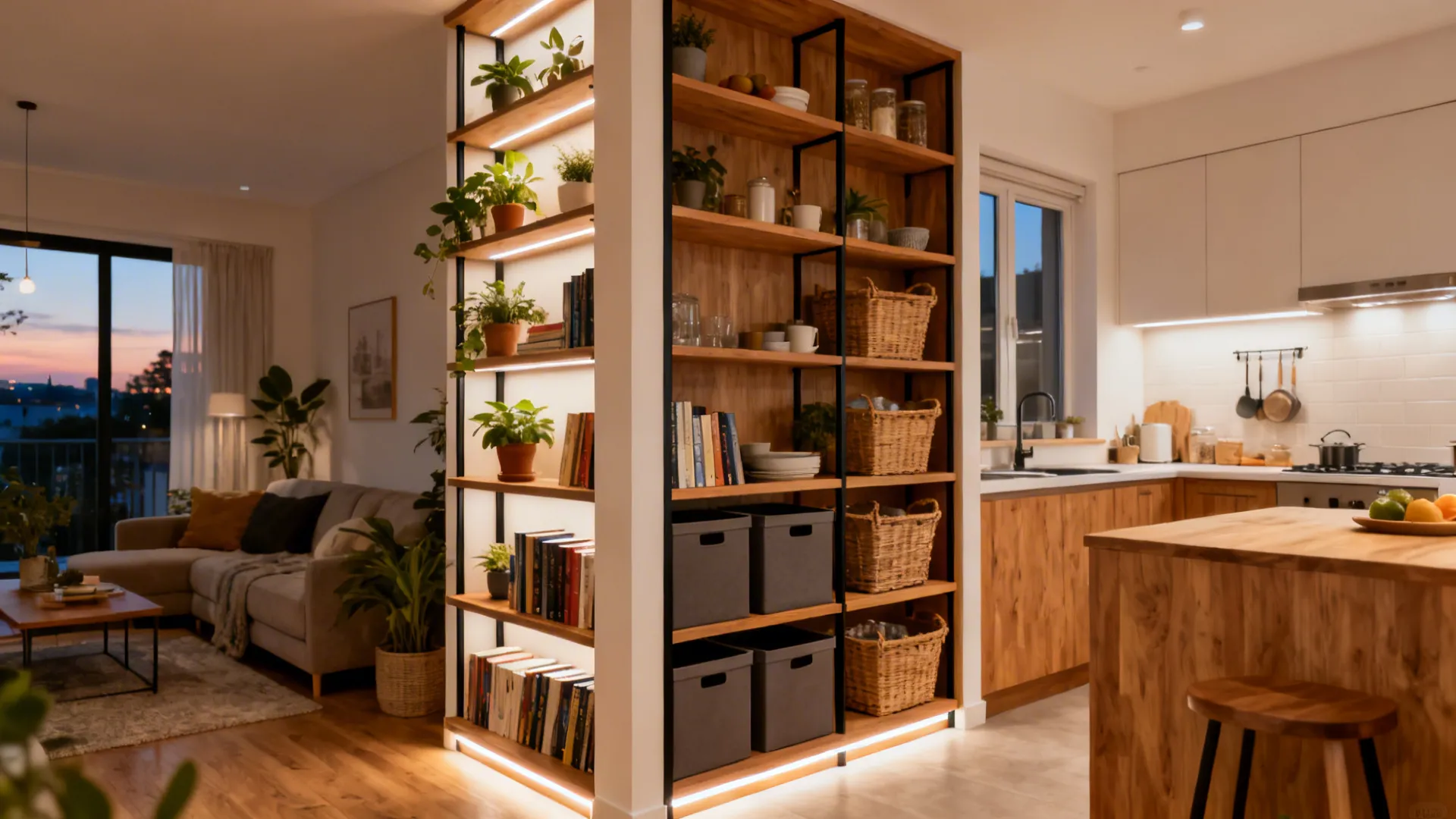 Open Shelving Partition with Storage