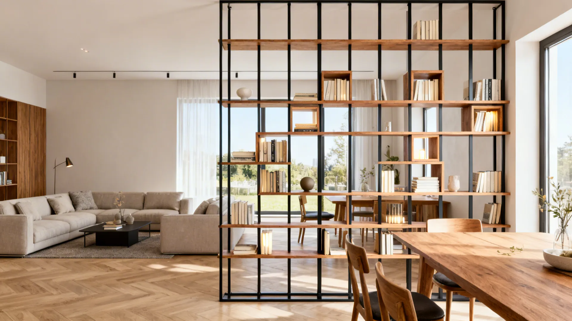 Open shelving grid in metal and oak separates living and dining while boosting light and display.
